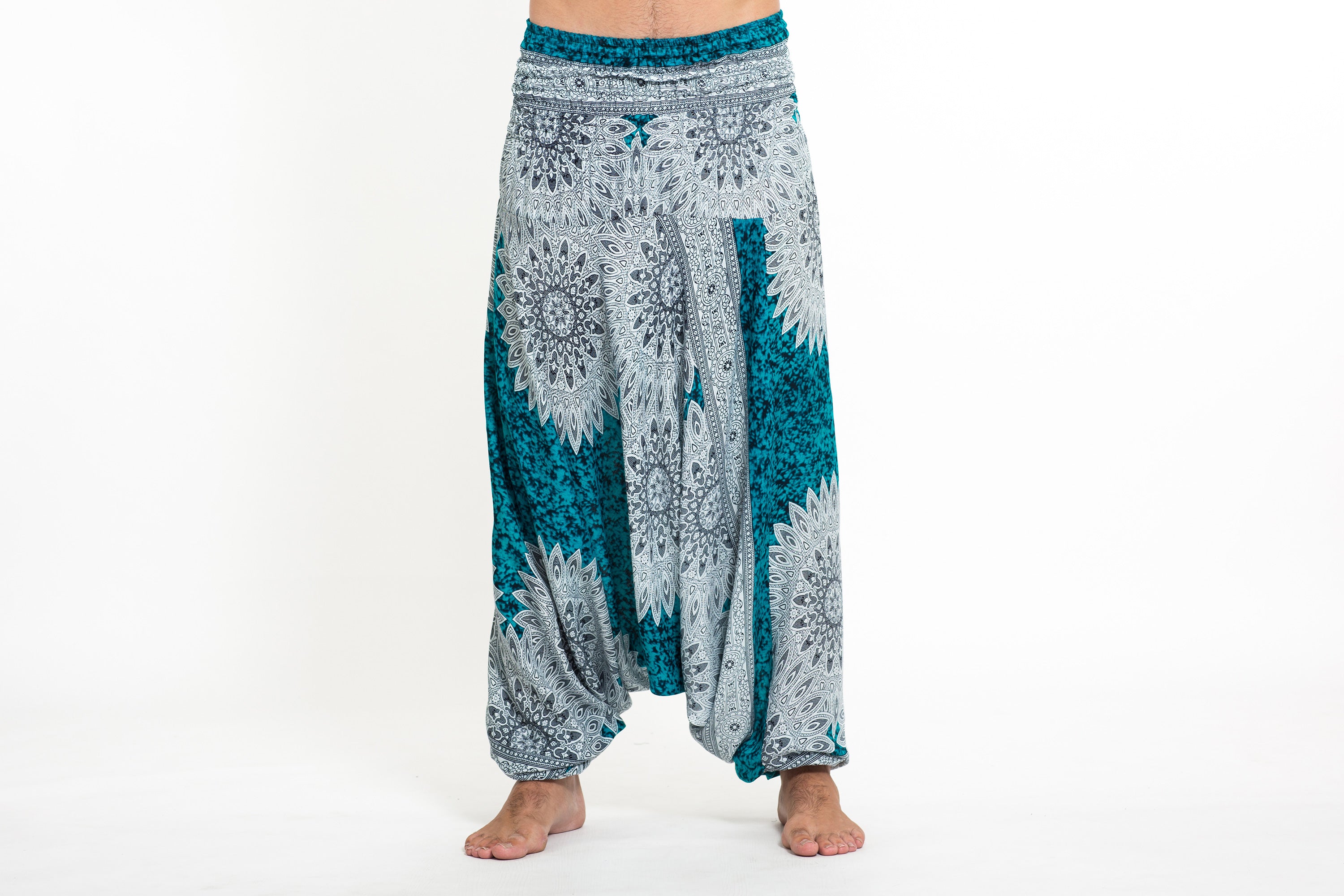 Marble Mandalas Drop Crotch Men's Harem Pants in Turquoise