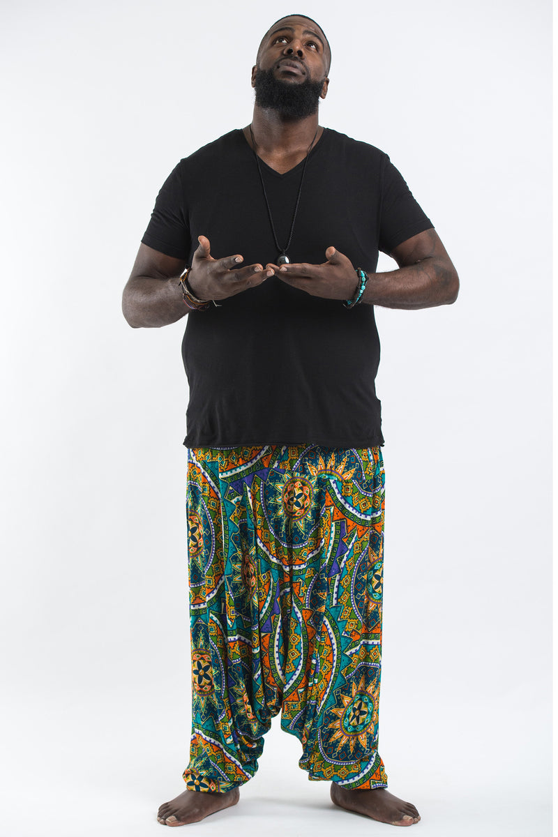 Plus Size Star Mandalas Drop Crotch Men's Harem Pants in Turquoise