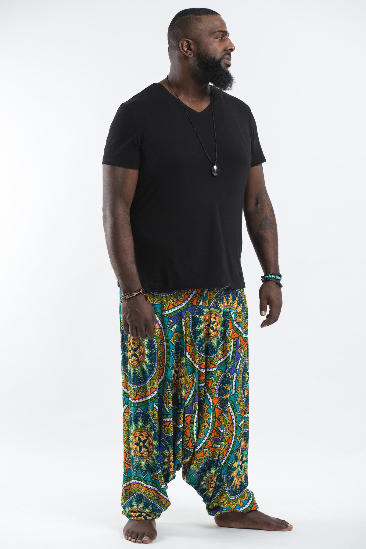 Plus Size Star Mandalas Drop Crotch Men's Harem Pants in Turquoise