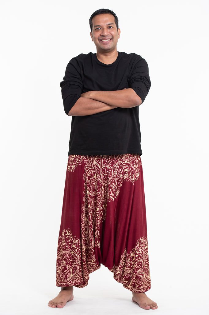 Plus Size Vines Drop Crotch Men's Harem Pants in Red