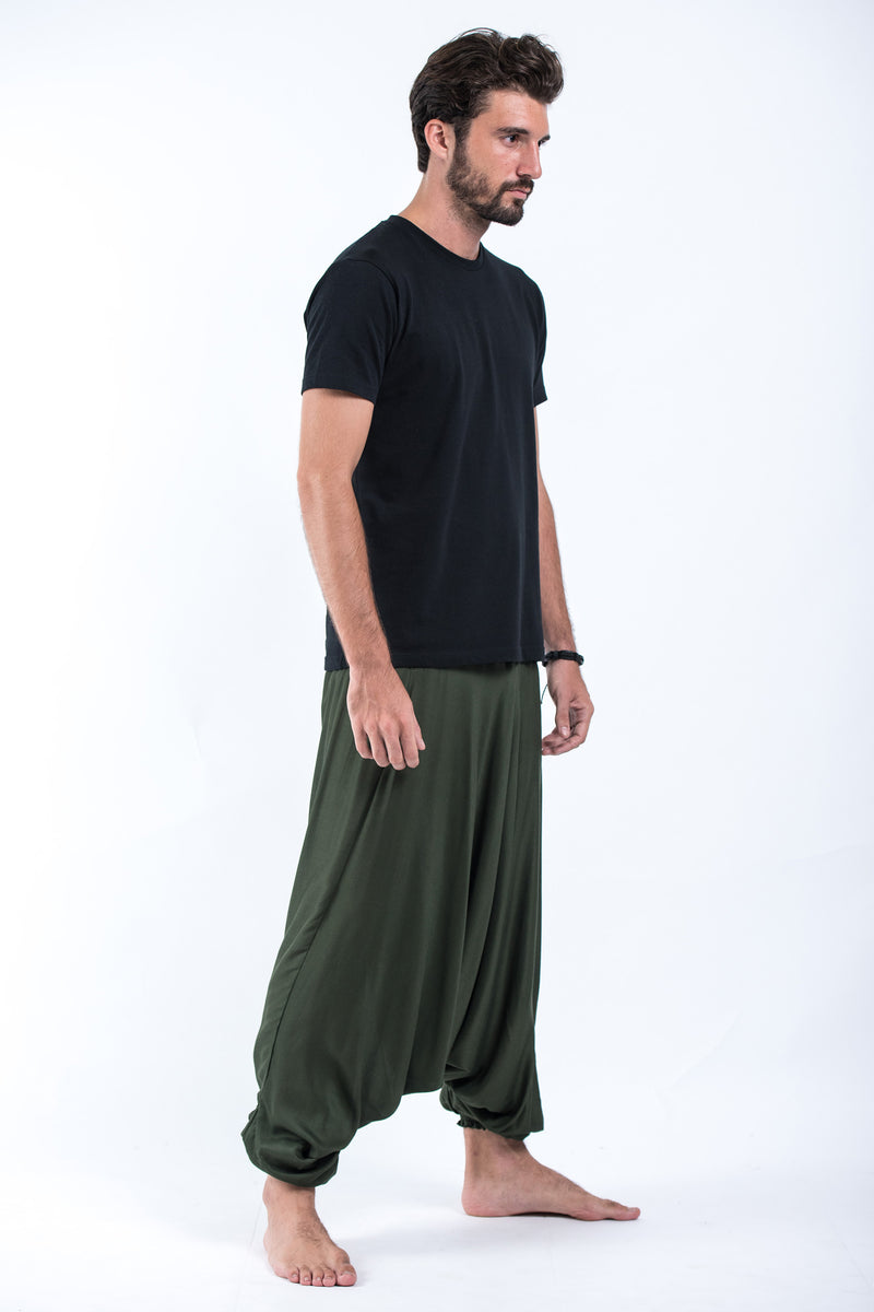 Solid Color Drop Crotch Men's Harem Pants in Dark Green