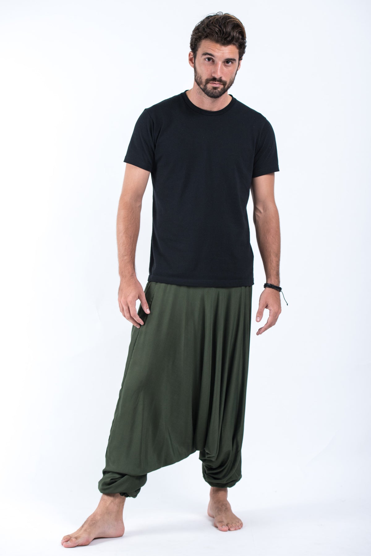 Solid Color Drop Crotch Men's Harem Pants in Dark Green