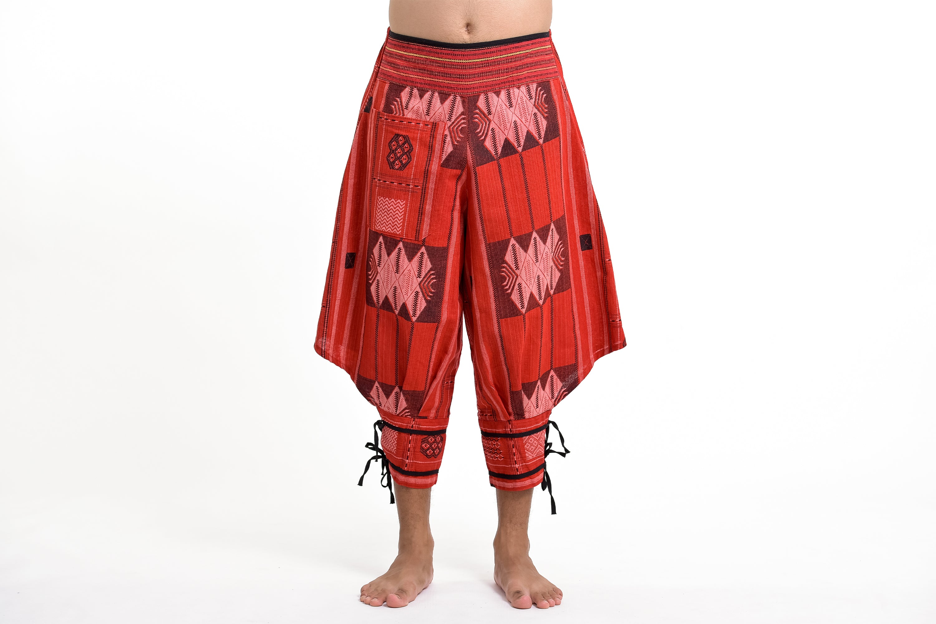 Thai Hill Tribe Fabric Women's Harem Pants with Ankle Straps in Red