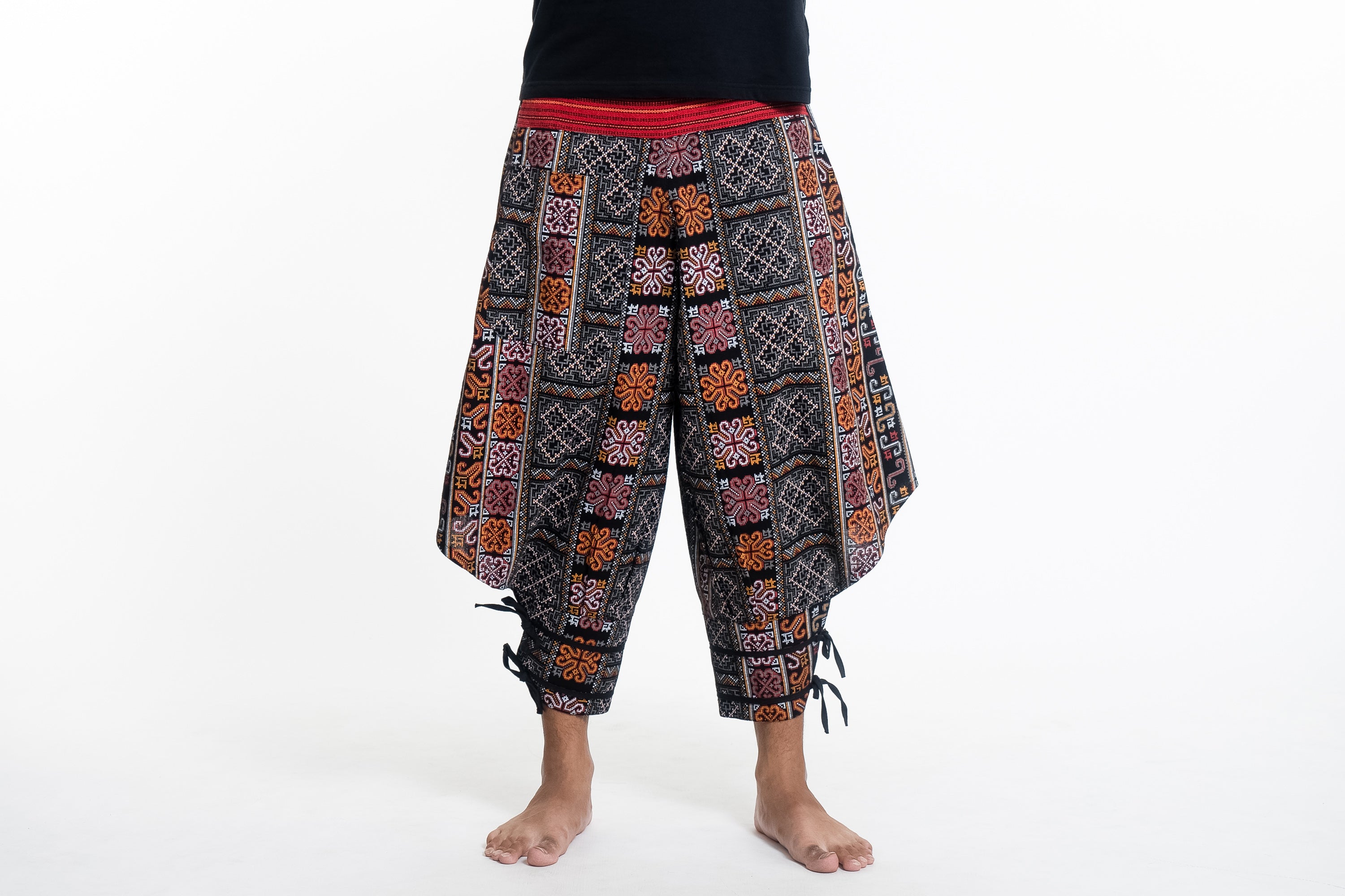 Thai Hill Tribe Fabric Men's Harem Pants with Ankle Straps in Charcoal