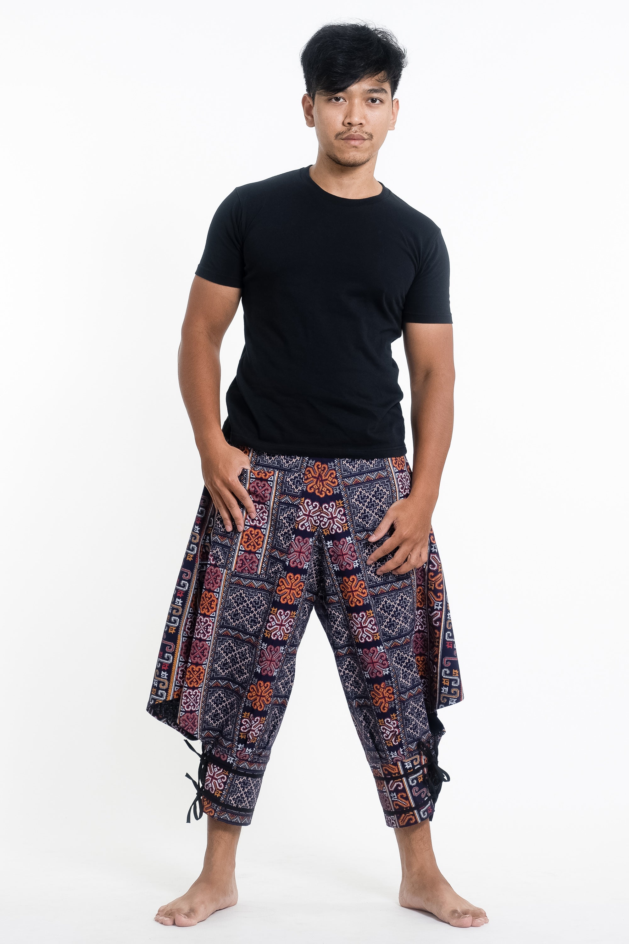 Clovers Thai Hill Tribe Fabric Men Harem Pants with Ankle Straps in Blue