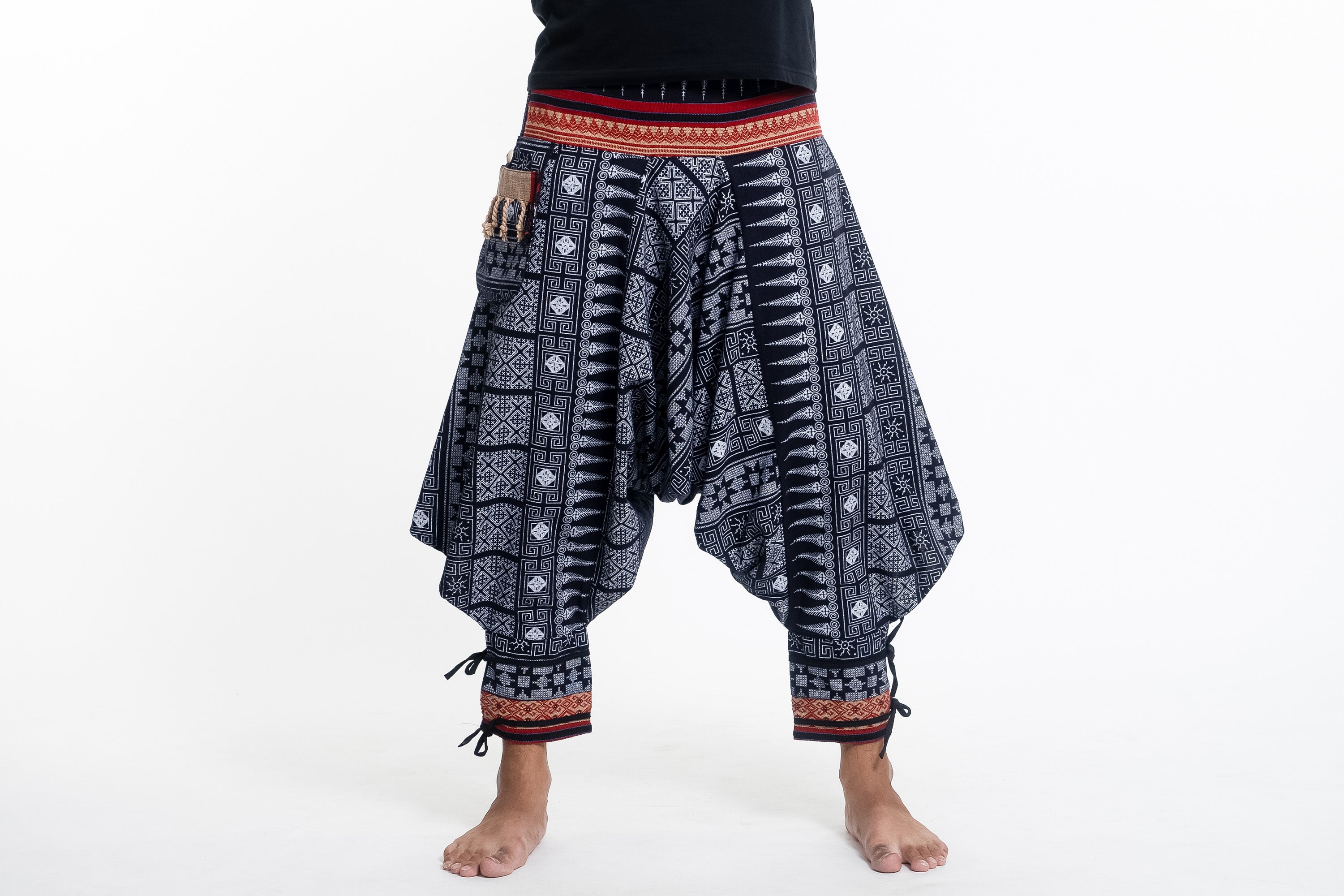 Woven Prints Thai Hill Tribe Fabric Womens Harem Pants with Ankle Straps  in Black  Harem pants pattern Harem pants women Harem pants