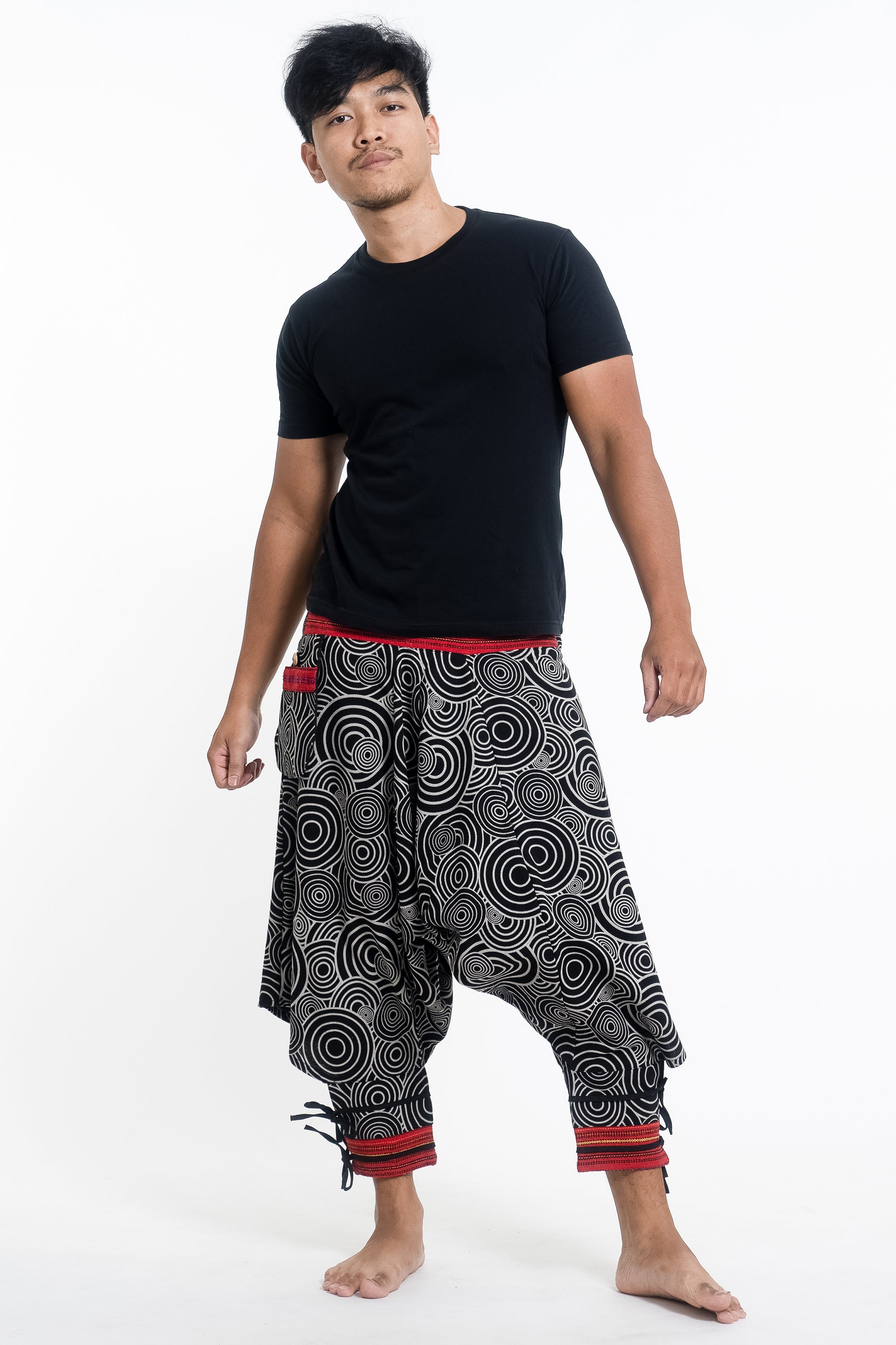Swirls Prints Thai Hill Tribe Fabric Men's Harem Pants with Ankle Stra