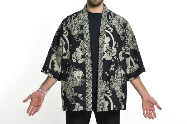 Koi Fish Print Cotton Kimono Cardigan in Black – Harem Pants