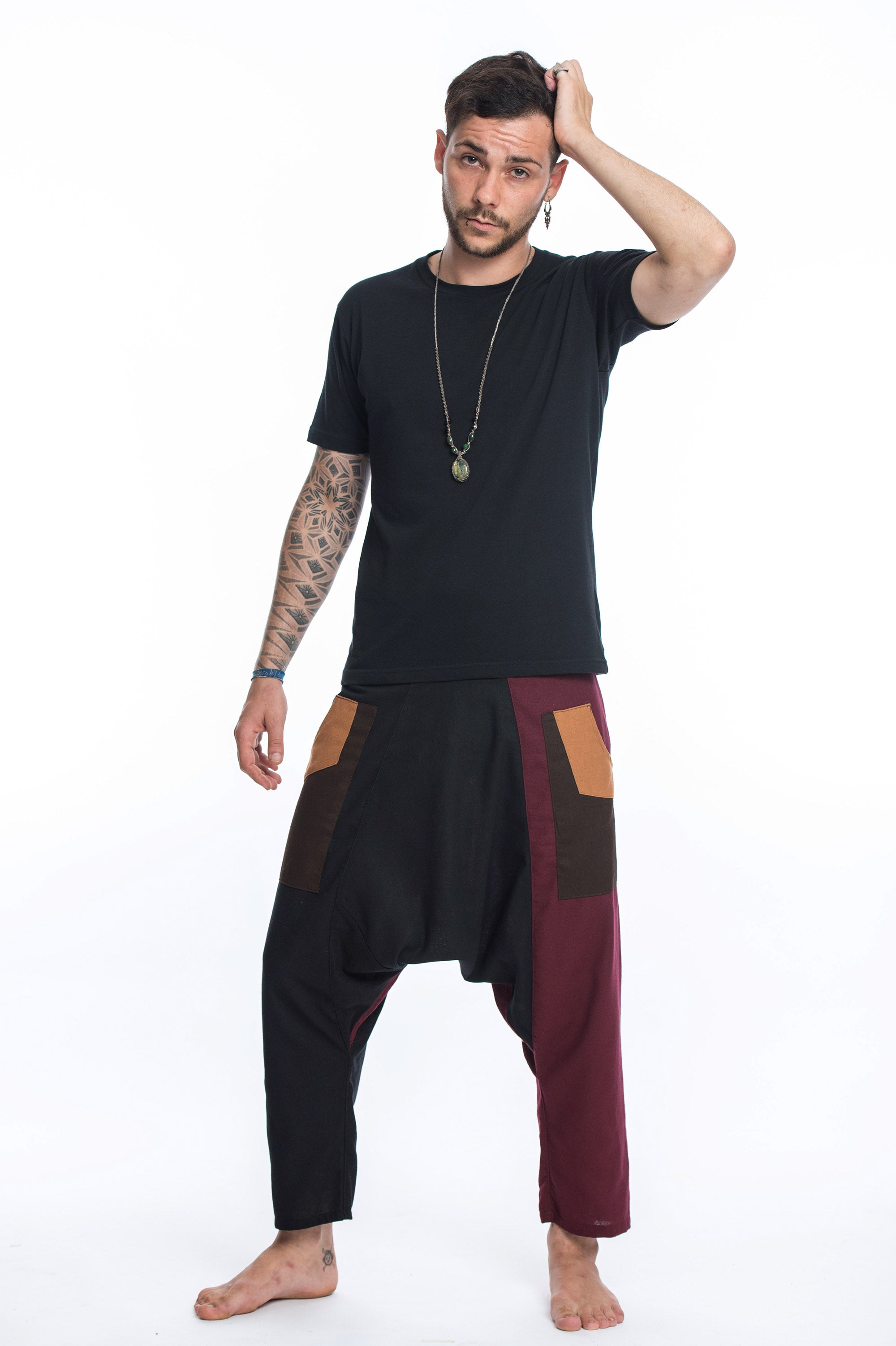 Patchwork Cotton Men's Harem Pants in Black