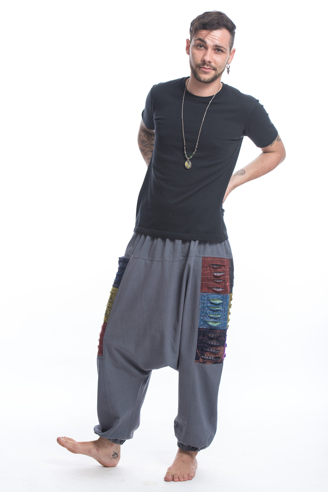 Ripped Patchwork Cotton Men's Harem Pants In Gray