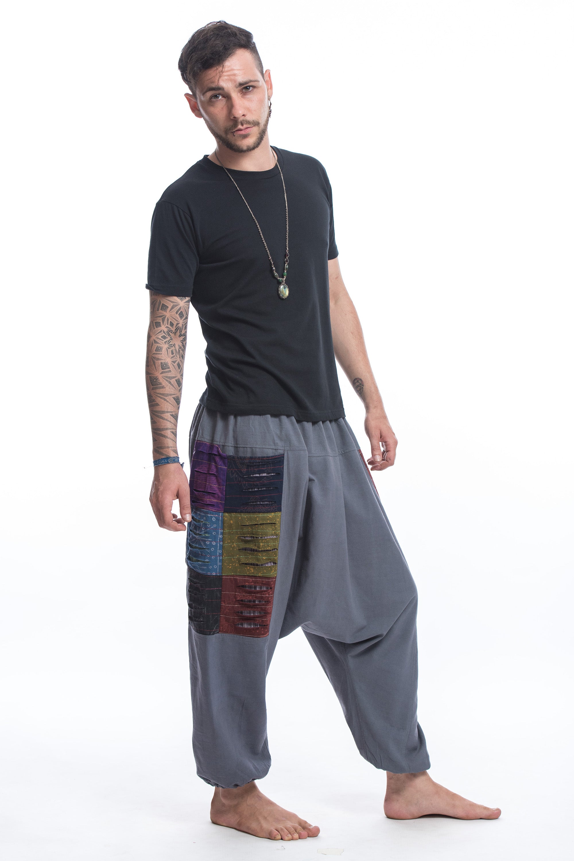 Ripped Patchwork Cotton Men's Harem Pants In Gray