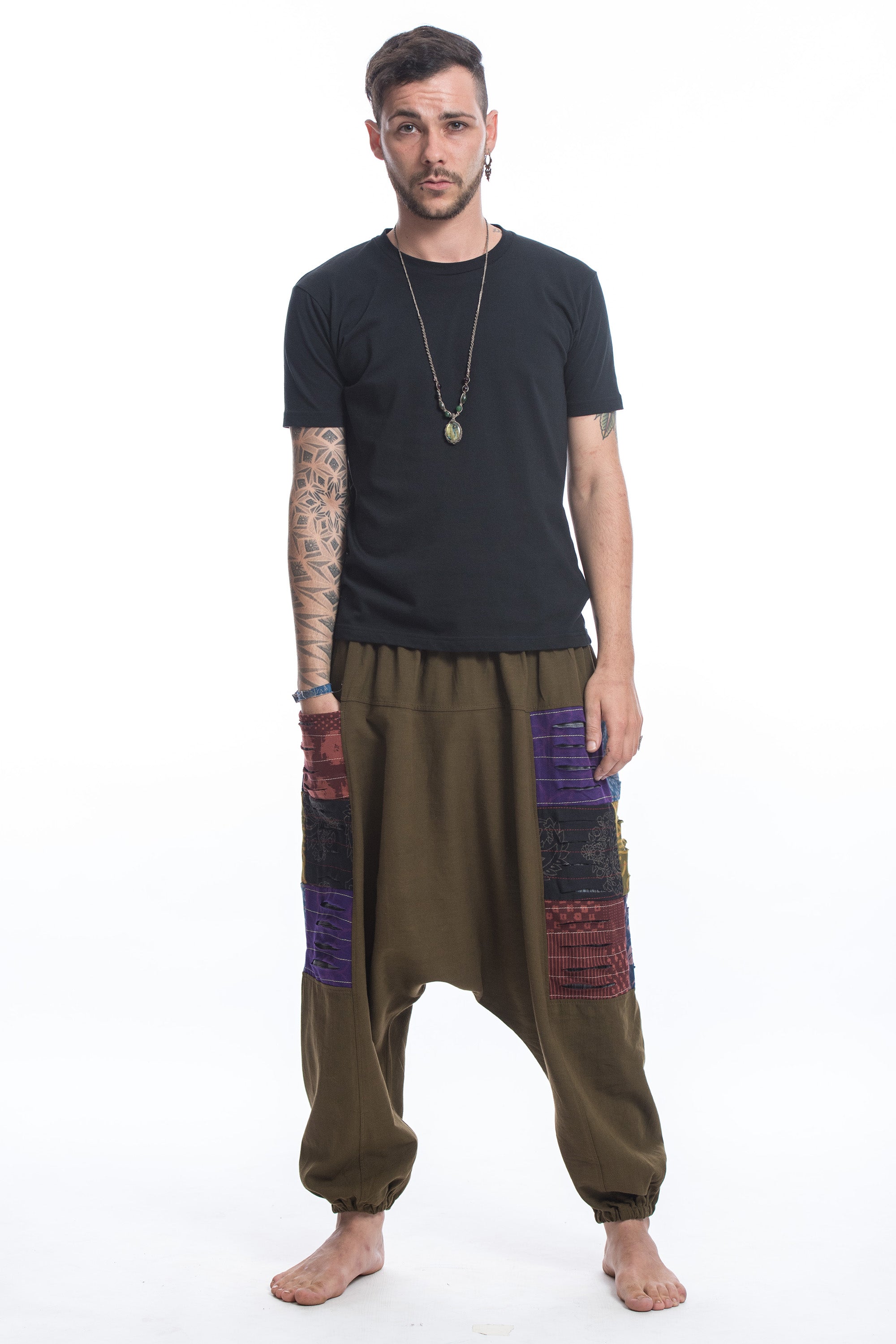 Ripped Patchwork Cotton Men's Harem Pants In Olive