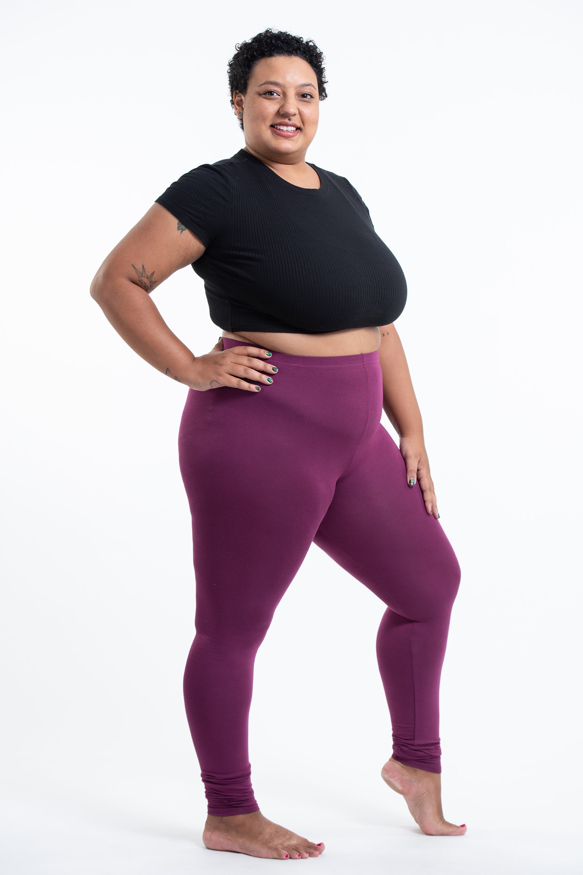 Plus Size Solid Color Cotton Leggings In Purple Harem Pants 3419