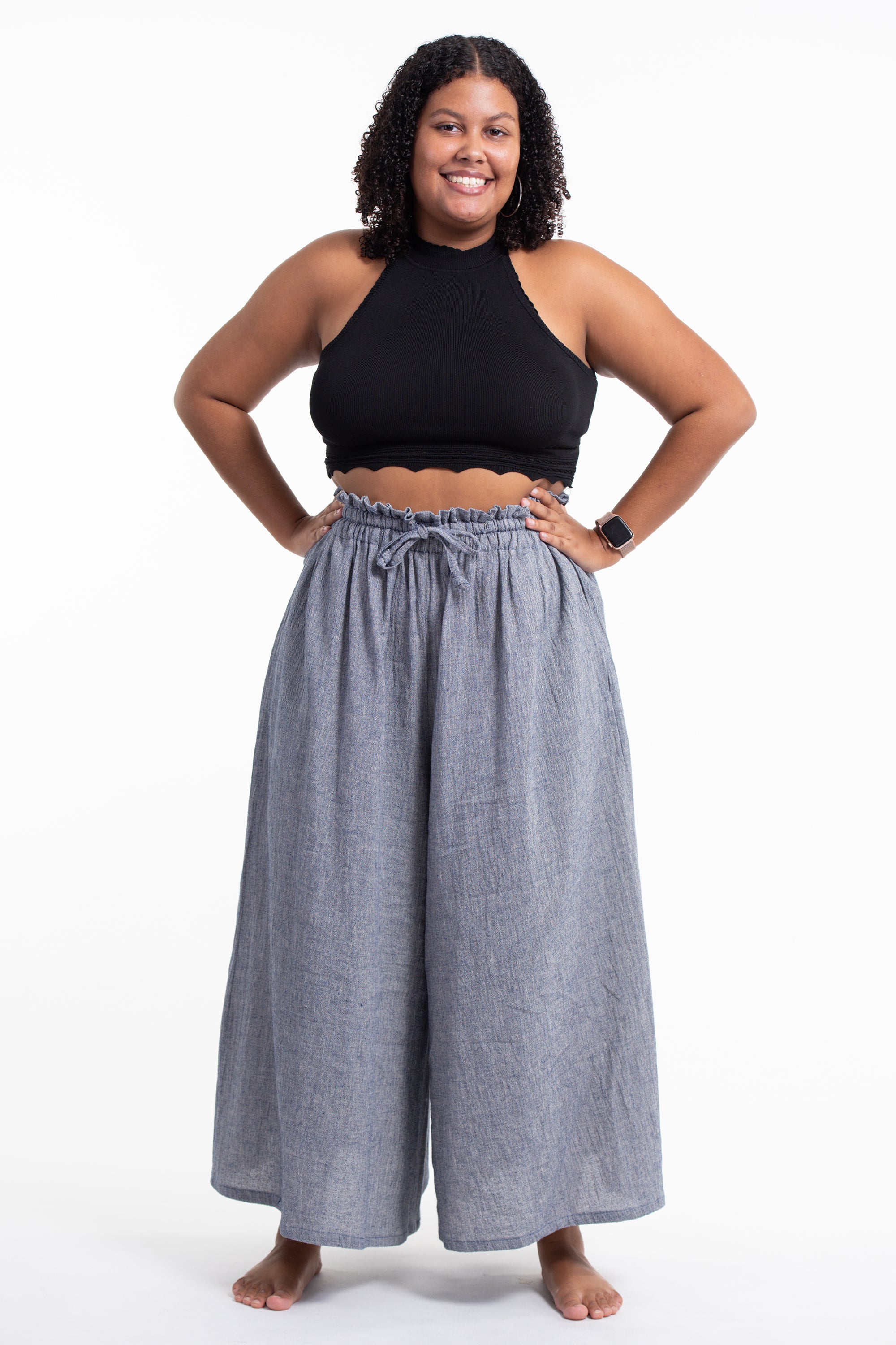 Plus Size Women's Linen Cotton Blend Palazzo Pants in Blue – Harem Pants