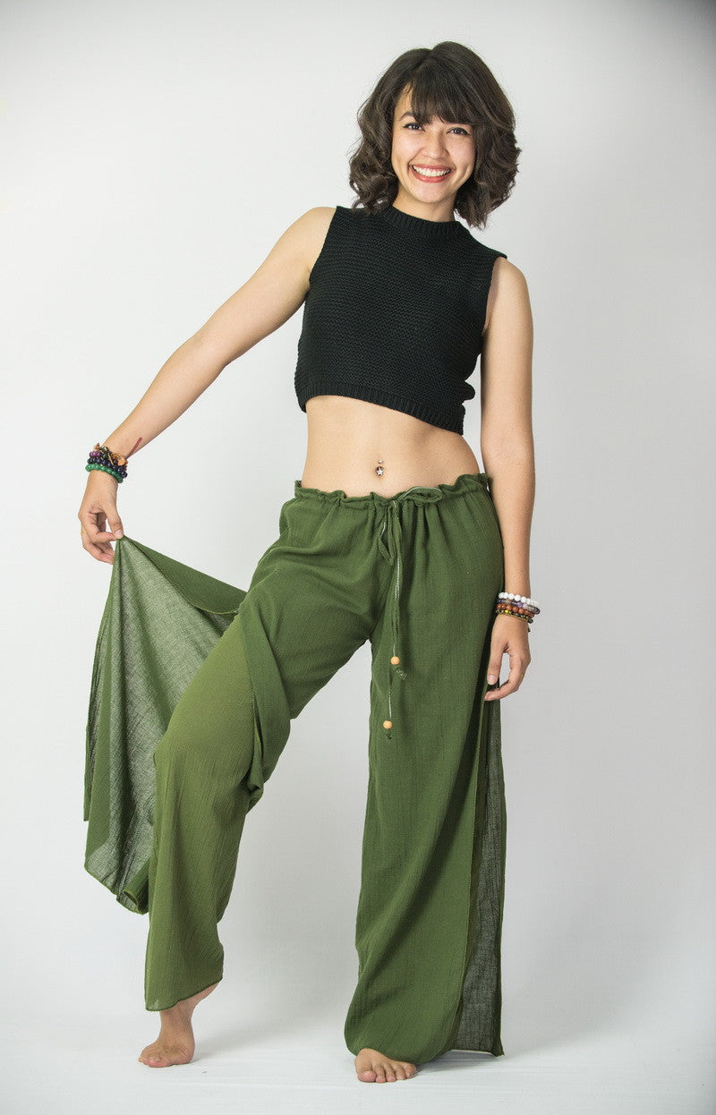 Women's Cotton Wrap Palazzo Pants in Solid Green – Harem Pants