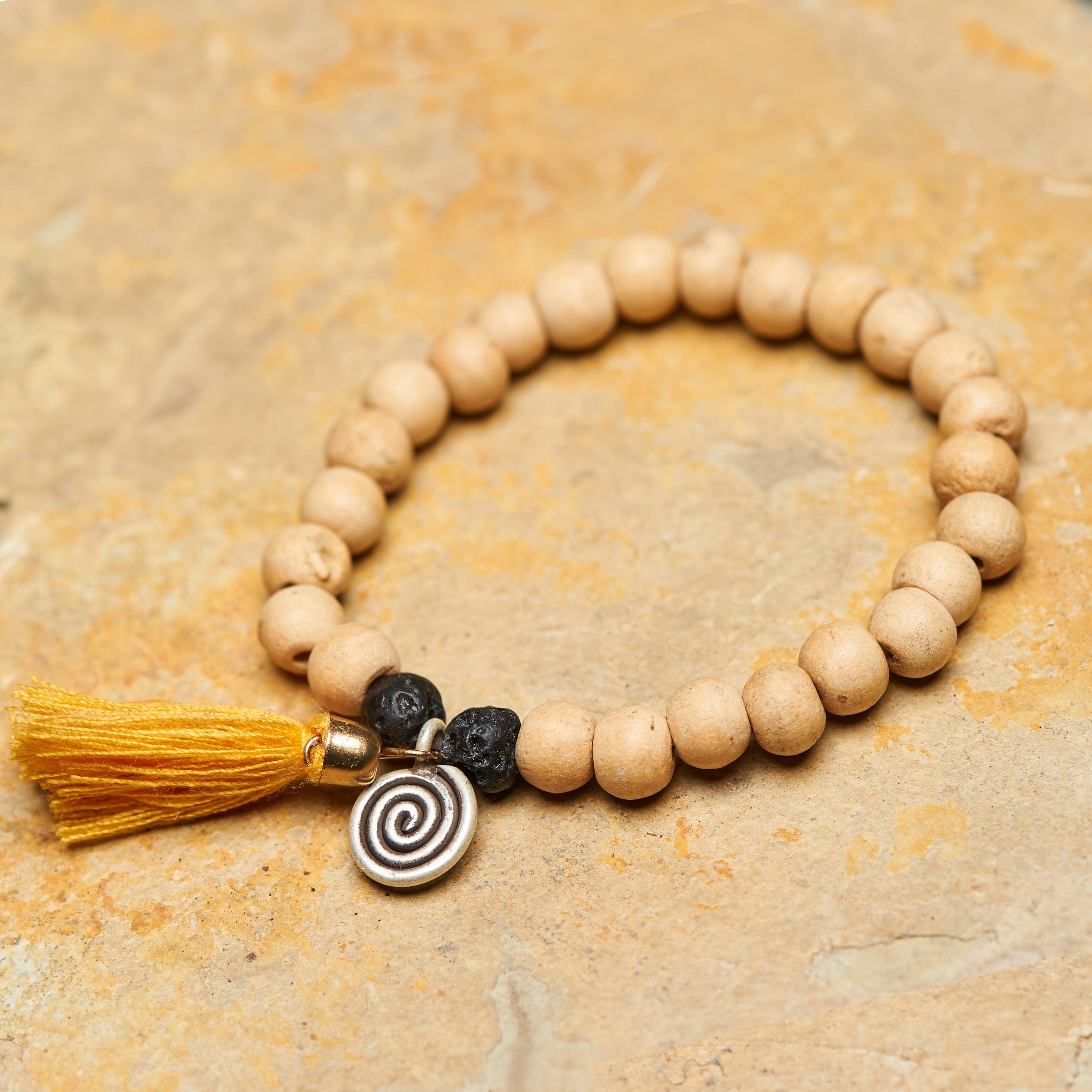 Spiral Tribal Silver Charm With Nepalese Budhi Wooden Beads Bracelet