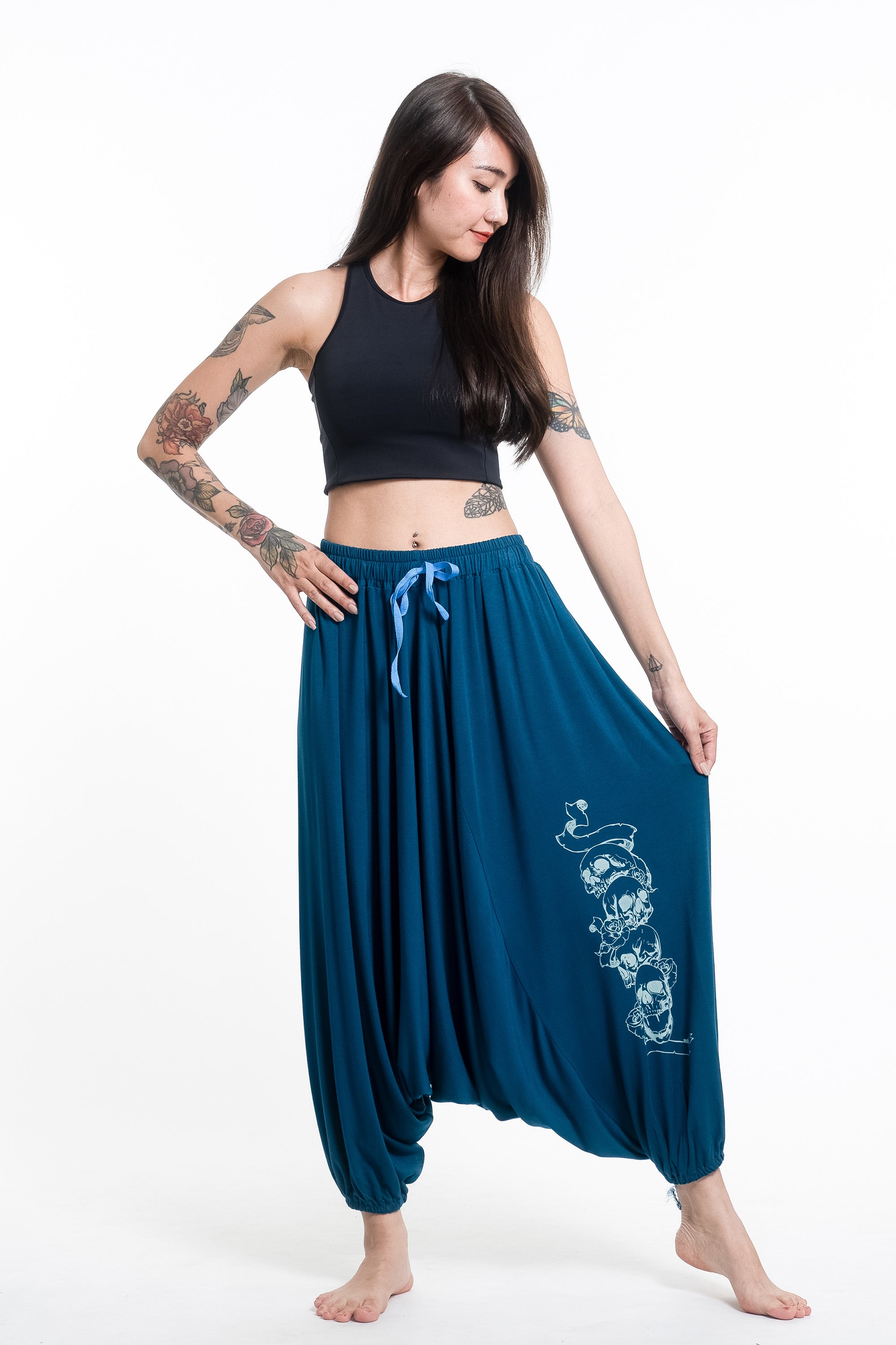 Mandala Print Drawstring Low Cut Harem Pants Cotton Spandex in Turquoi