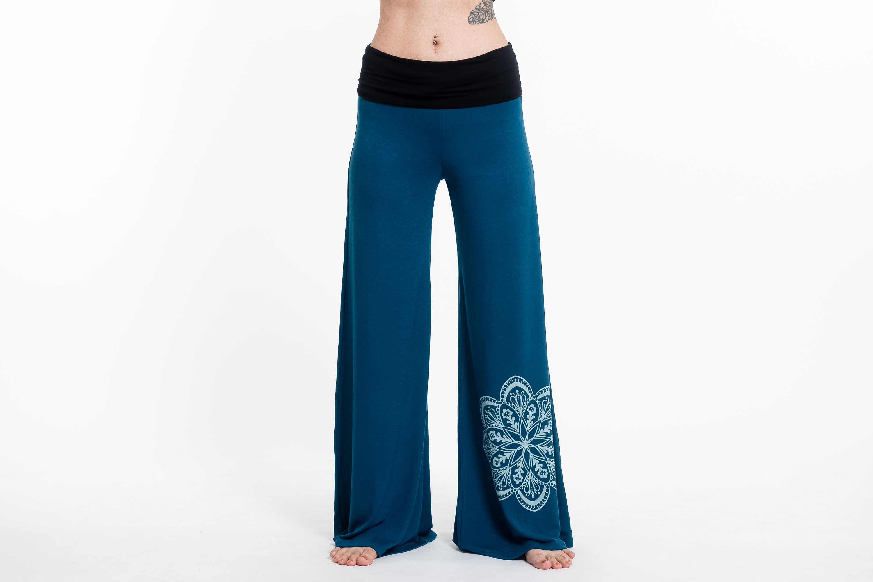 Harem Pants - Mandala Print with Pink Flower Pattern - Turquoise