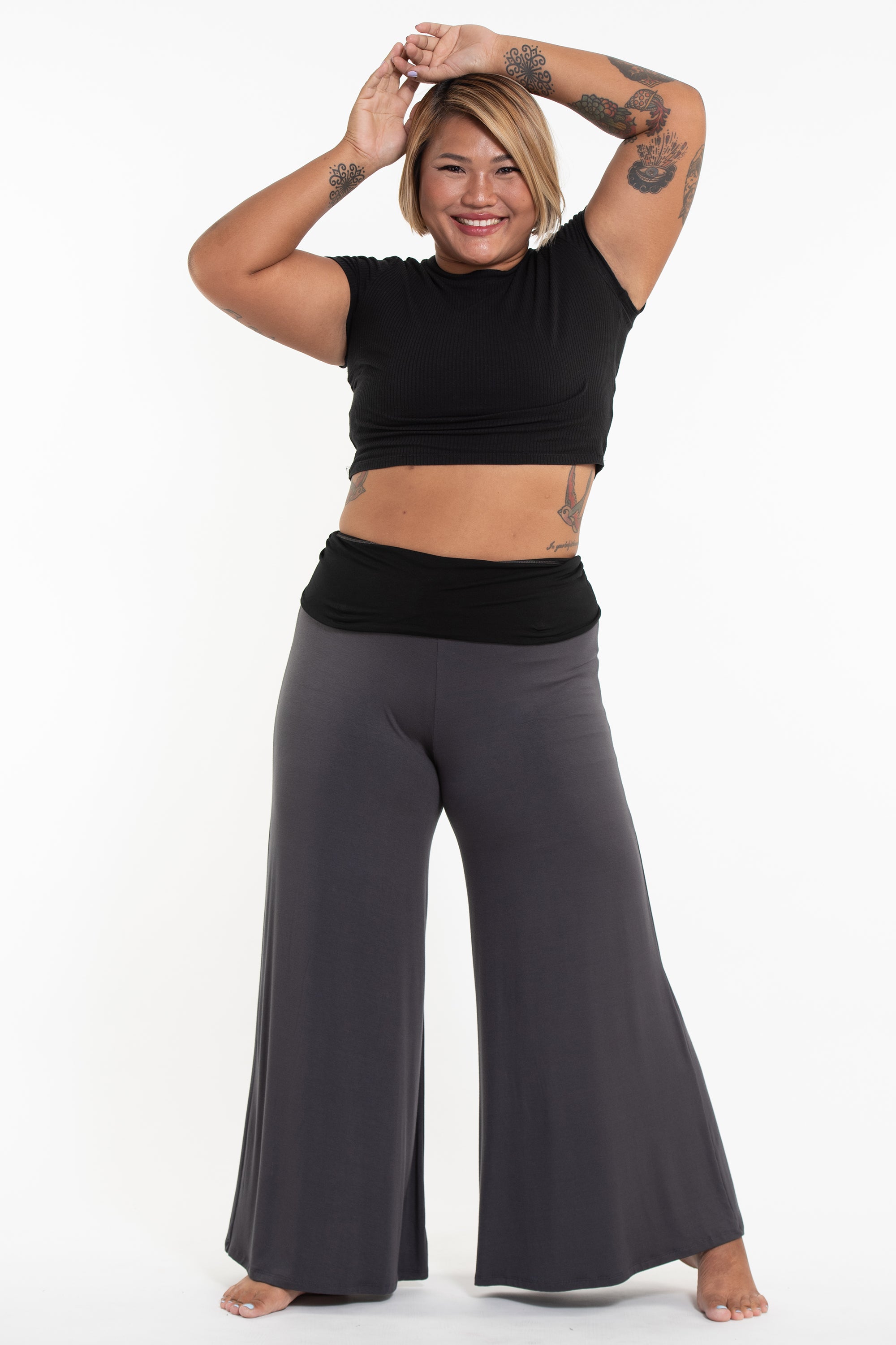 Wide Leg Palazzo Harem Pants Cotton Spandex in Solid Black