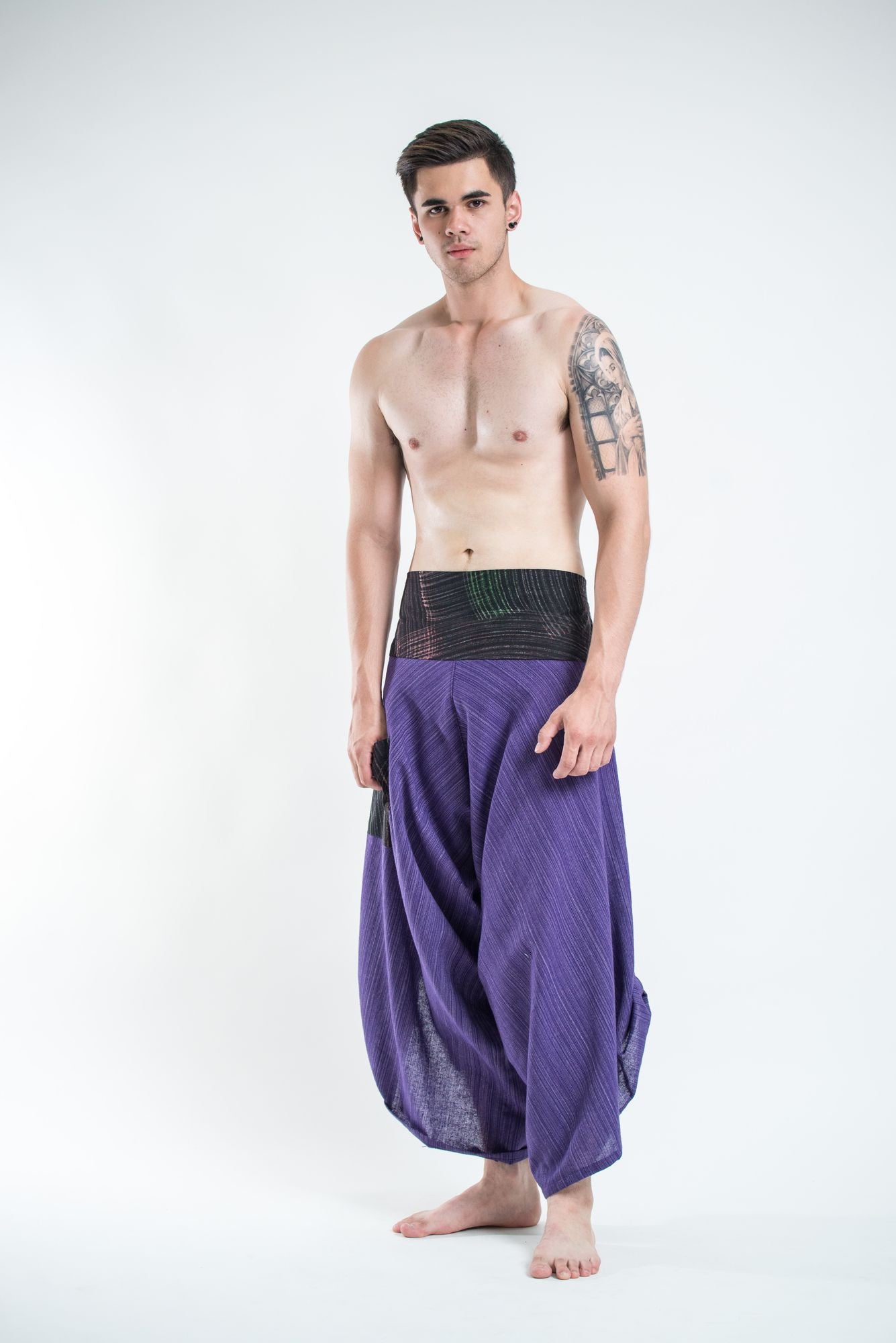 Men's Pinstripe Button Up Cotton Pants with Hill Tribe Trim Violet ...