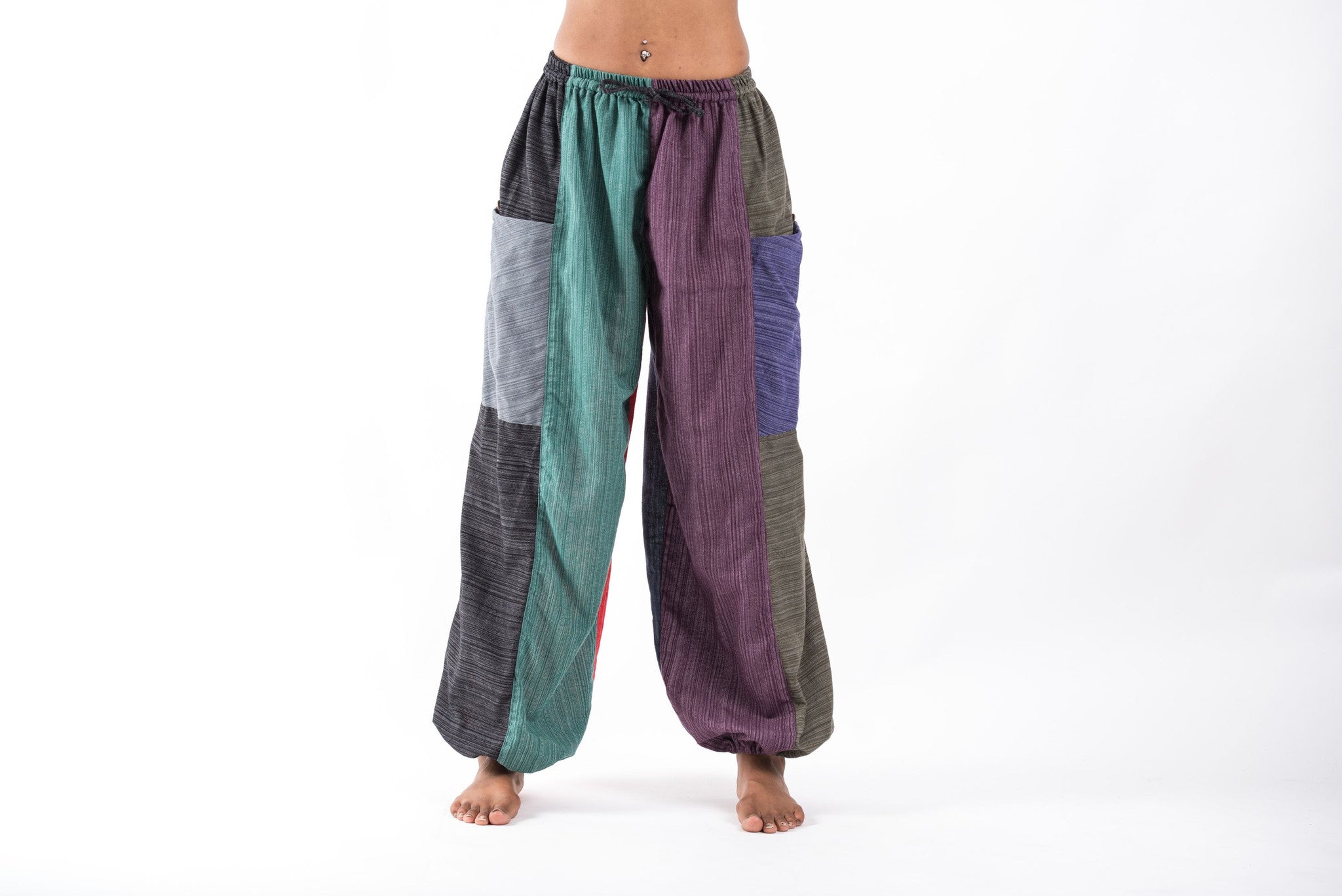 Women's Drawstring Patchwork Pinstripes Cotton Pants – Harem Pants