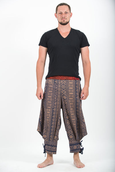 Thai Hill Tribe Fabric Men's Harem Pants with Ankle Straps in Navy Gol