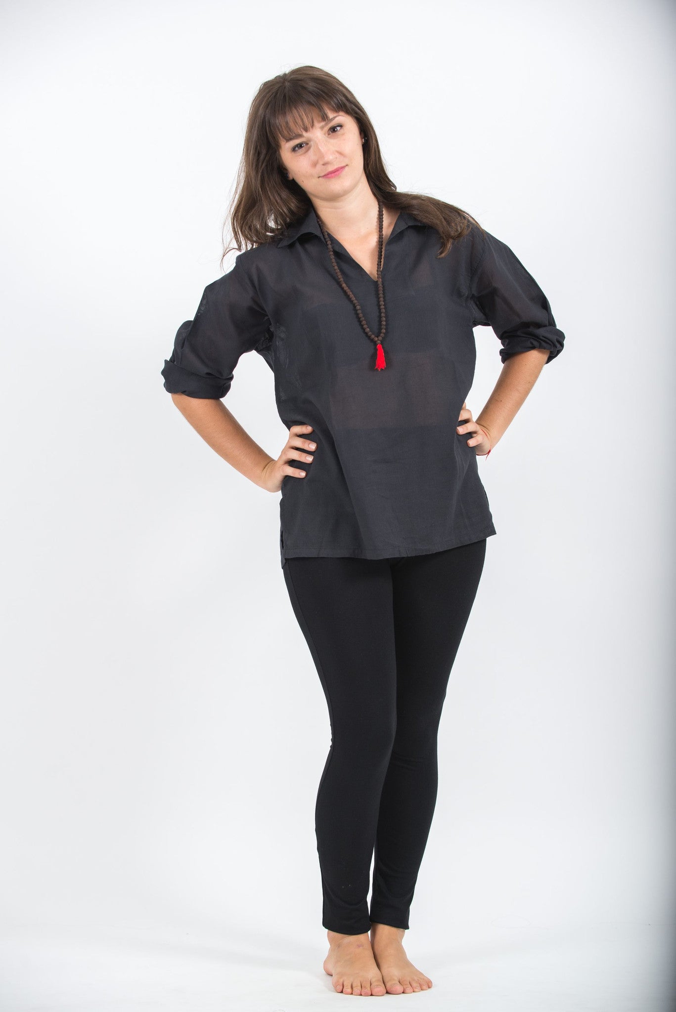Womens Yoga Shirts No Collar with Coconut Buttons in Black – Harem
