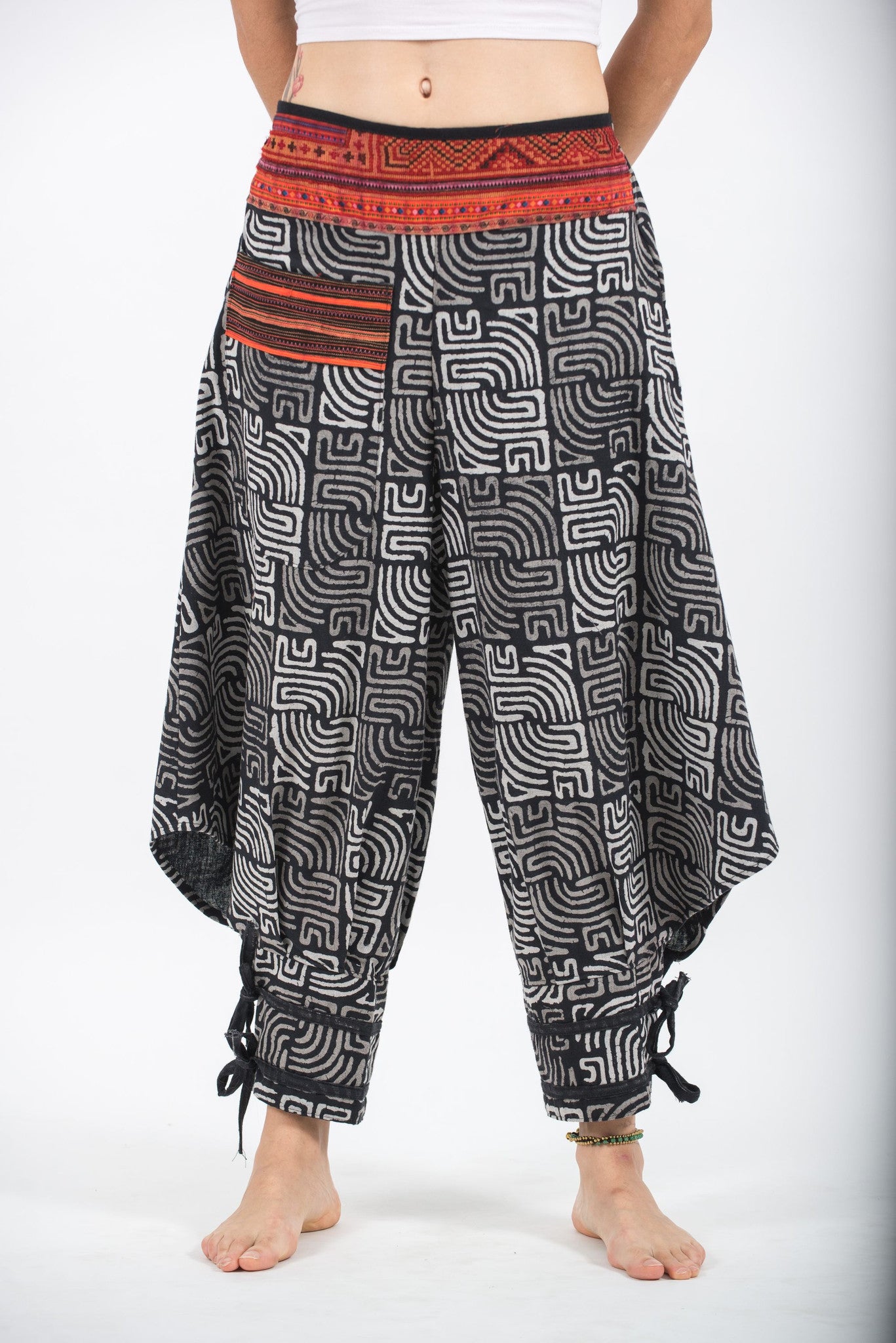 Woven Prints Thai Hill Tribe Fabric Men's Harem Pants with Ankle Strap