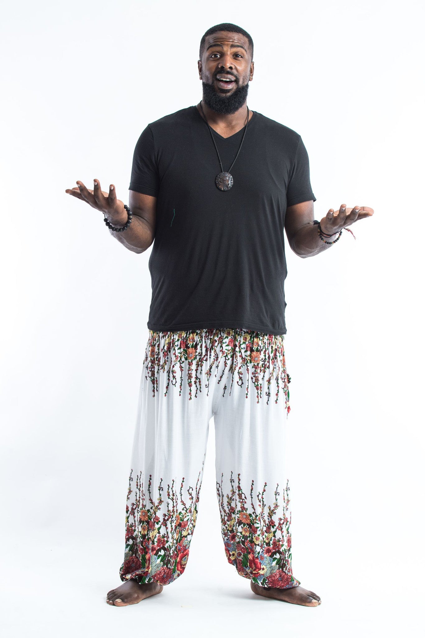 Plus Size Floral Men's Harem Pants in White