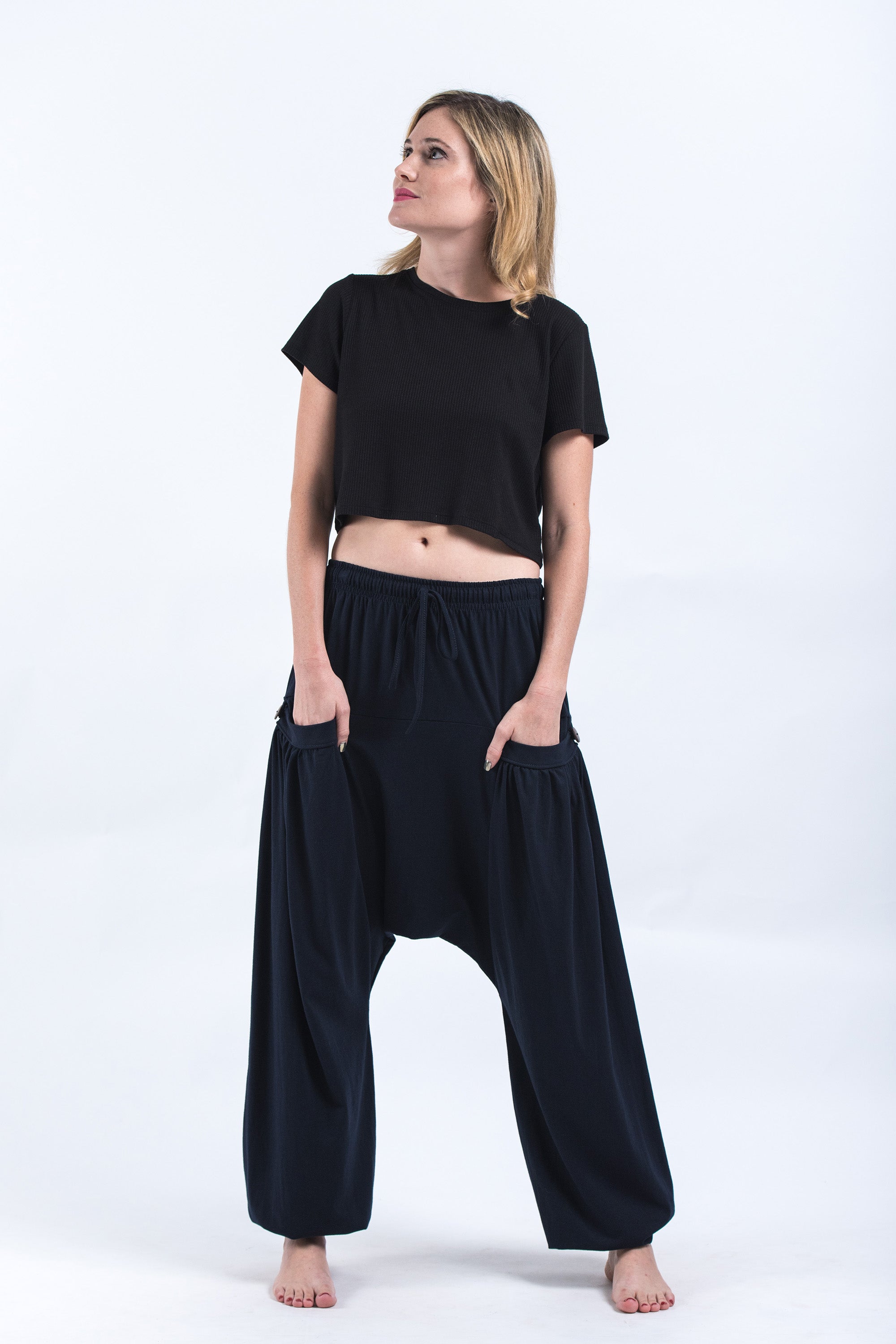 Cotton Women Harem Pants in Solid Black