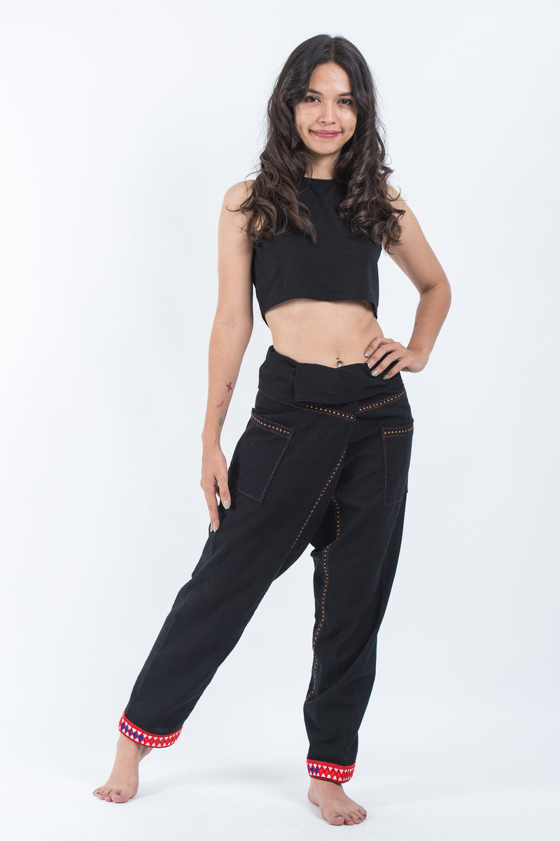 Hand Embroidered Women's Slim Cut Fisherman Pants in Black – Harem Pants