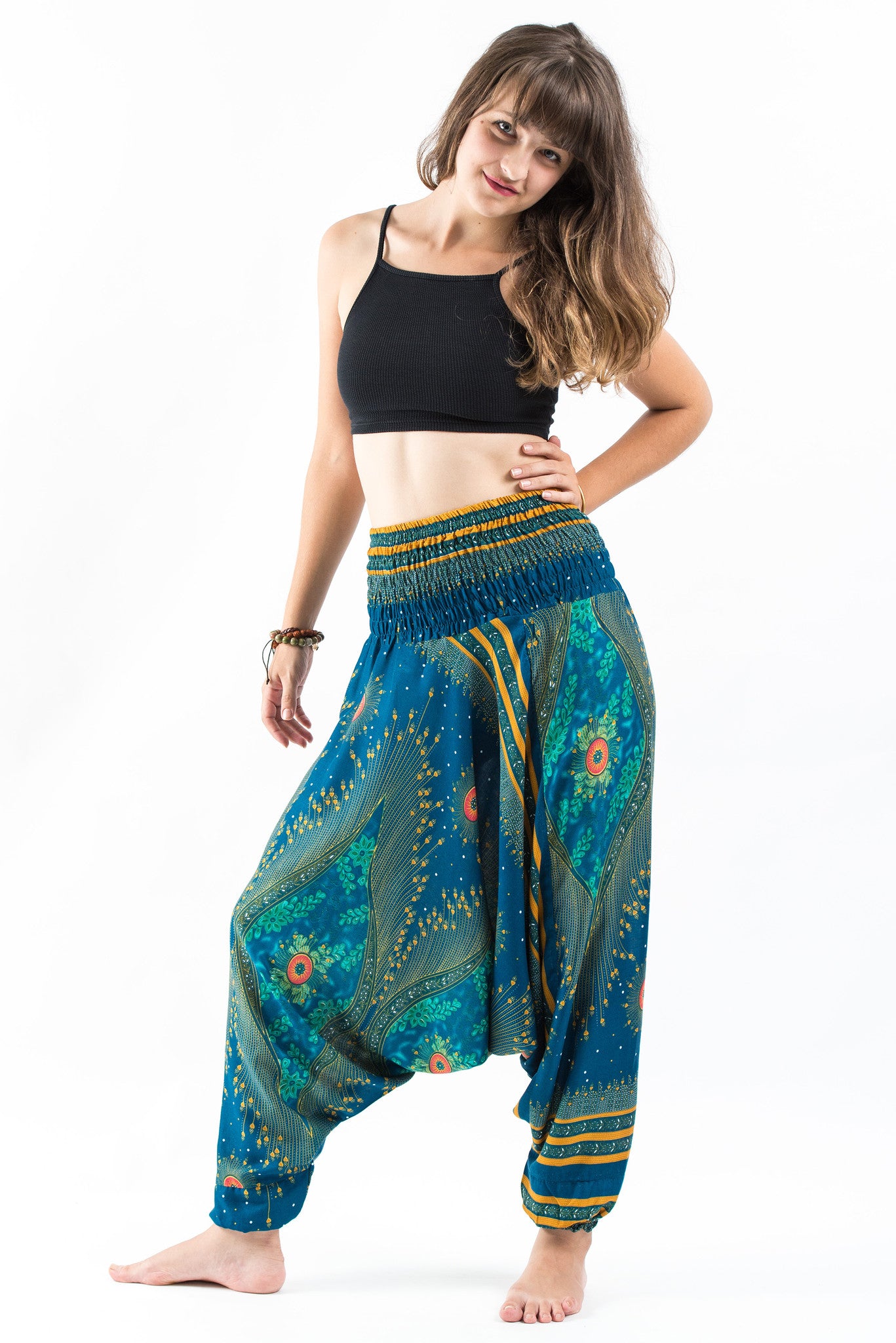 Peacock Eye Jumpsuit Harem Pants in Turquoise