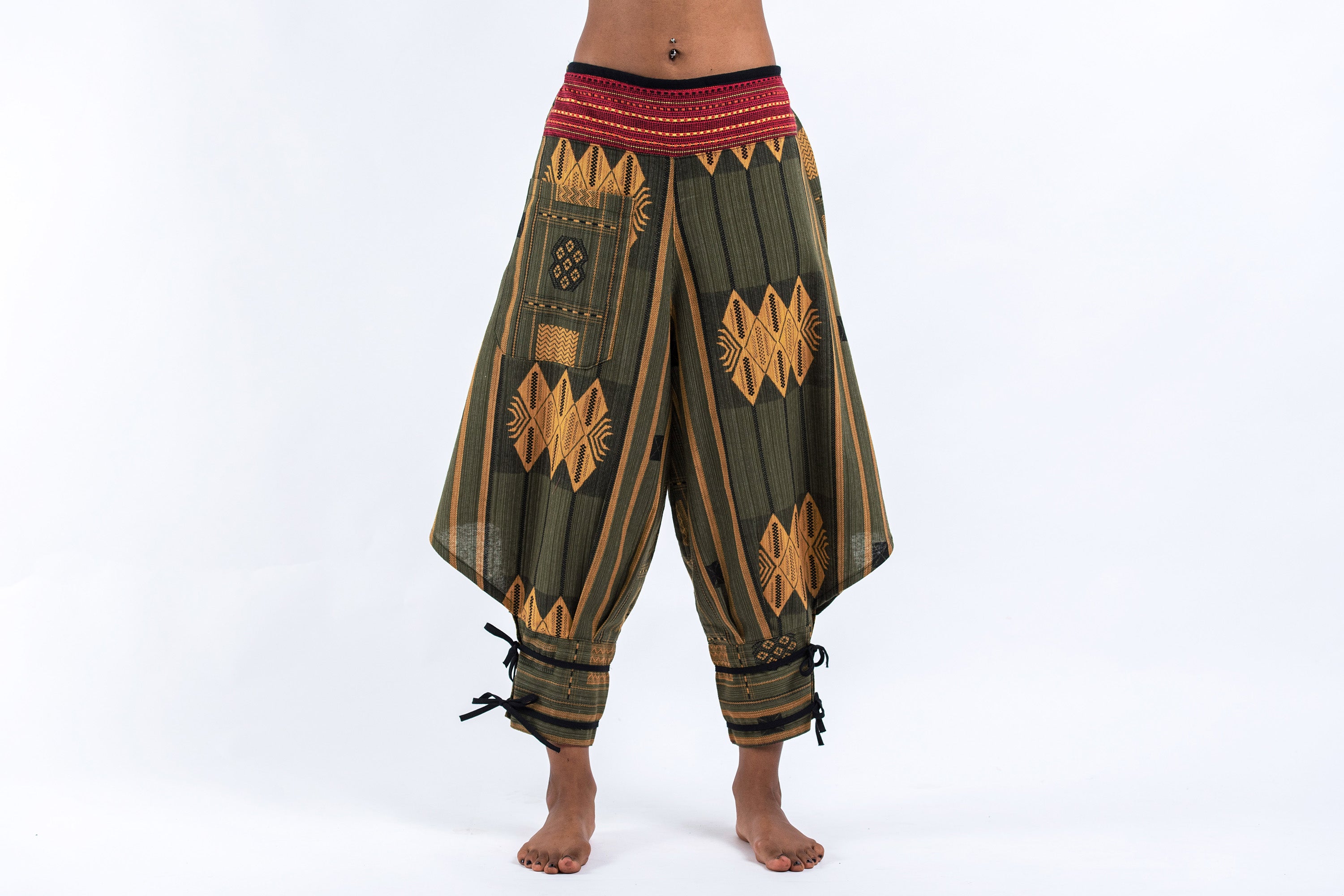 Thai Hill Tribe Fabric Men's Harem Pants with Ankle Straps in Beige
