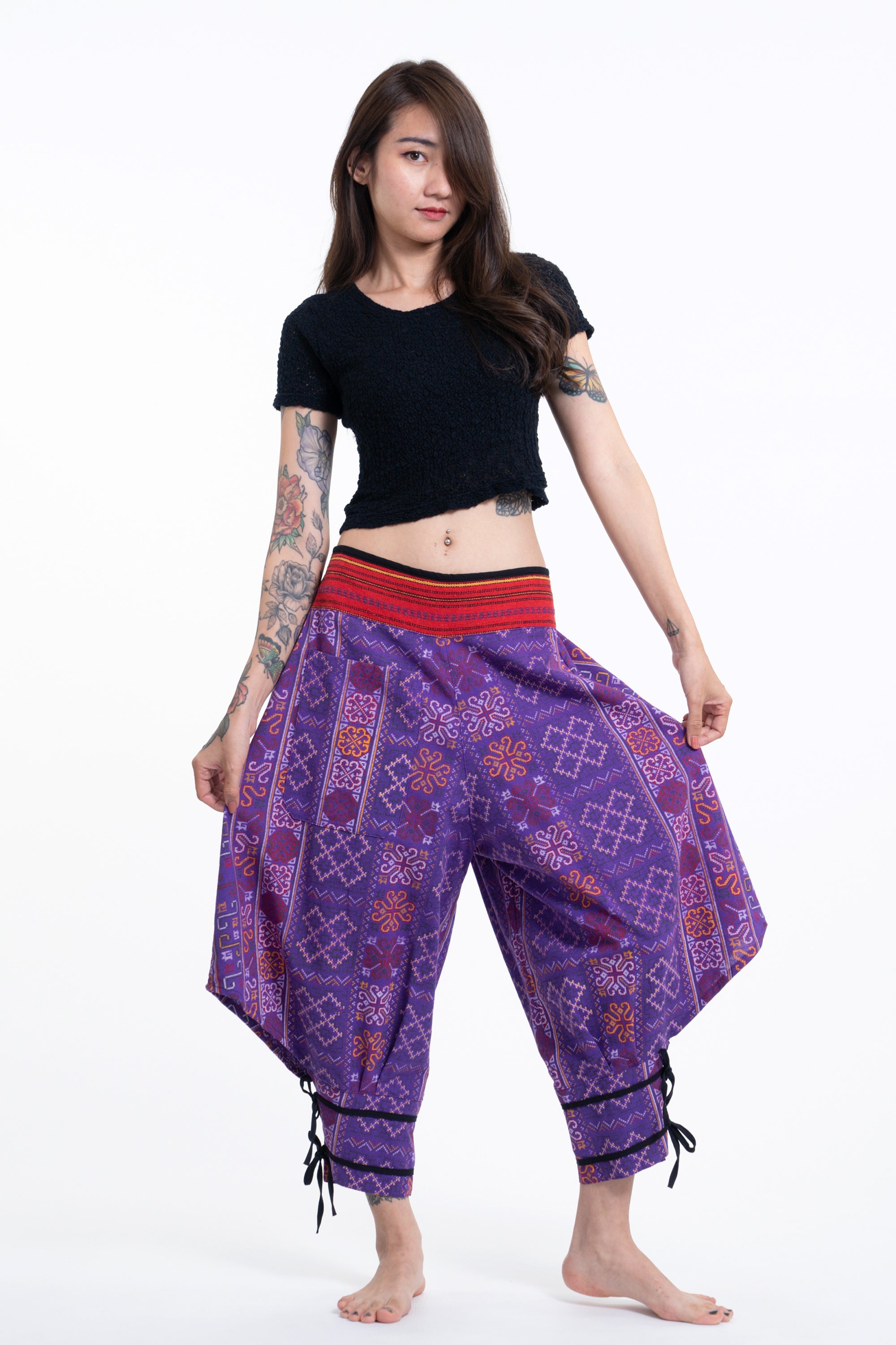 Clovers Thai Hill Tribe Fabric Women's Harem Pants with Ankle Straps i