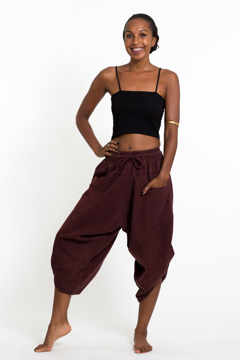 Stone Washed Large Pockets Women's Harem Pants in Maroon Maroon Brown