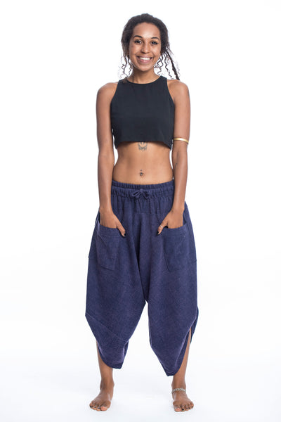 Stone Washed Large Pockets Women's Harem Pants in Blue