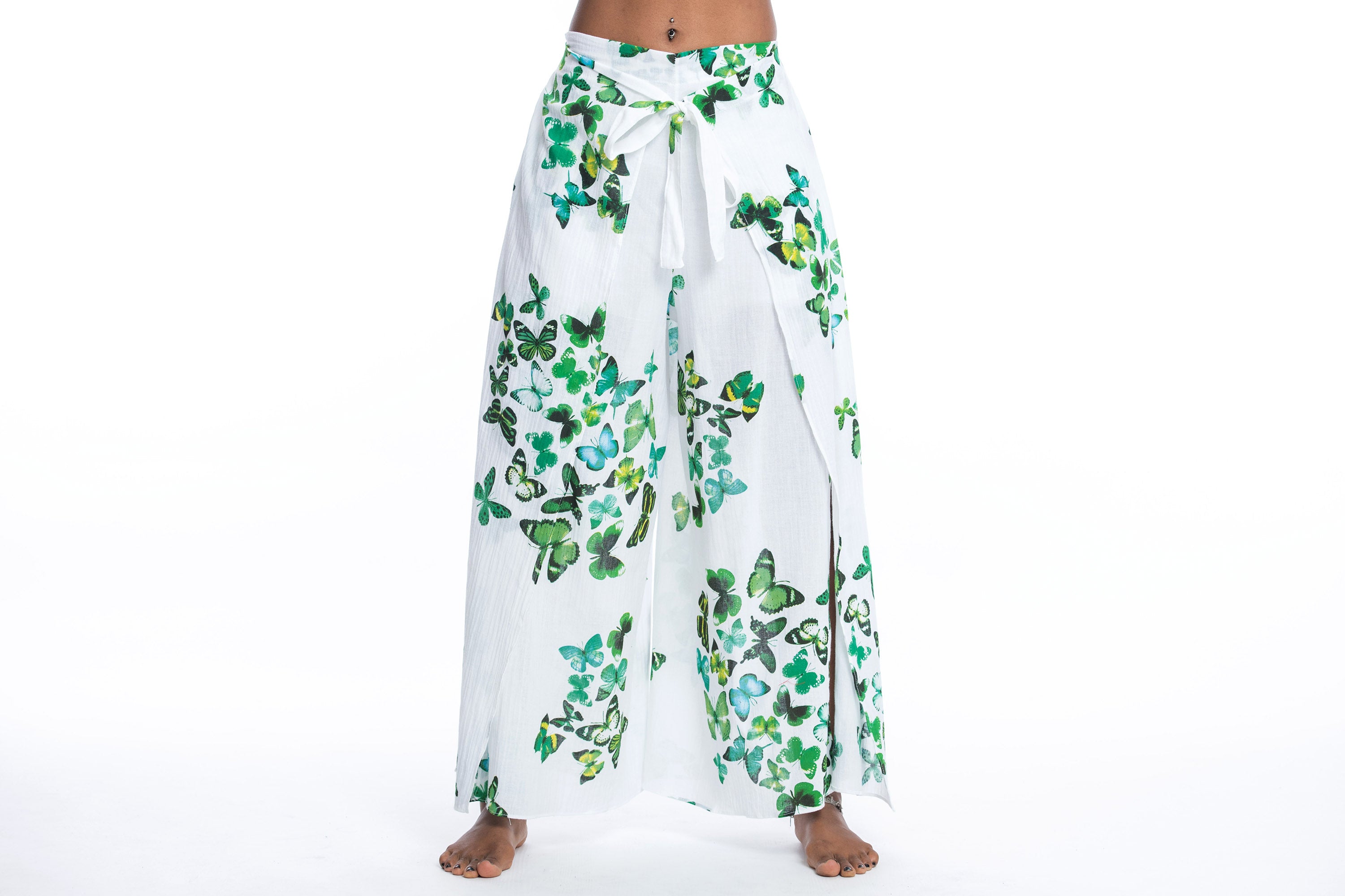 Women's Cotton Wrap Palazzo Pants in Butterflies Green – Harem Pants