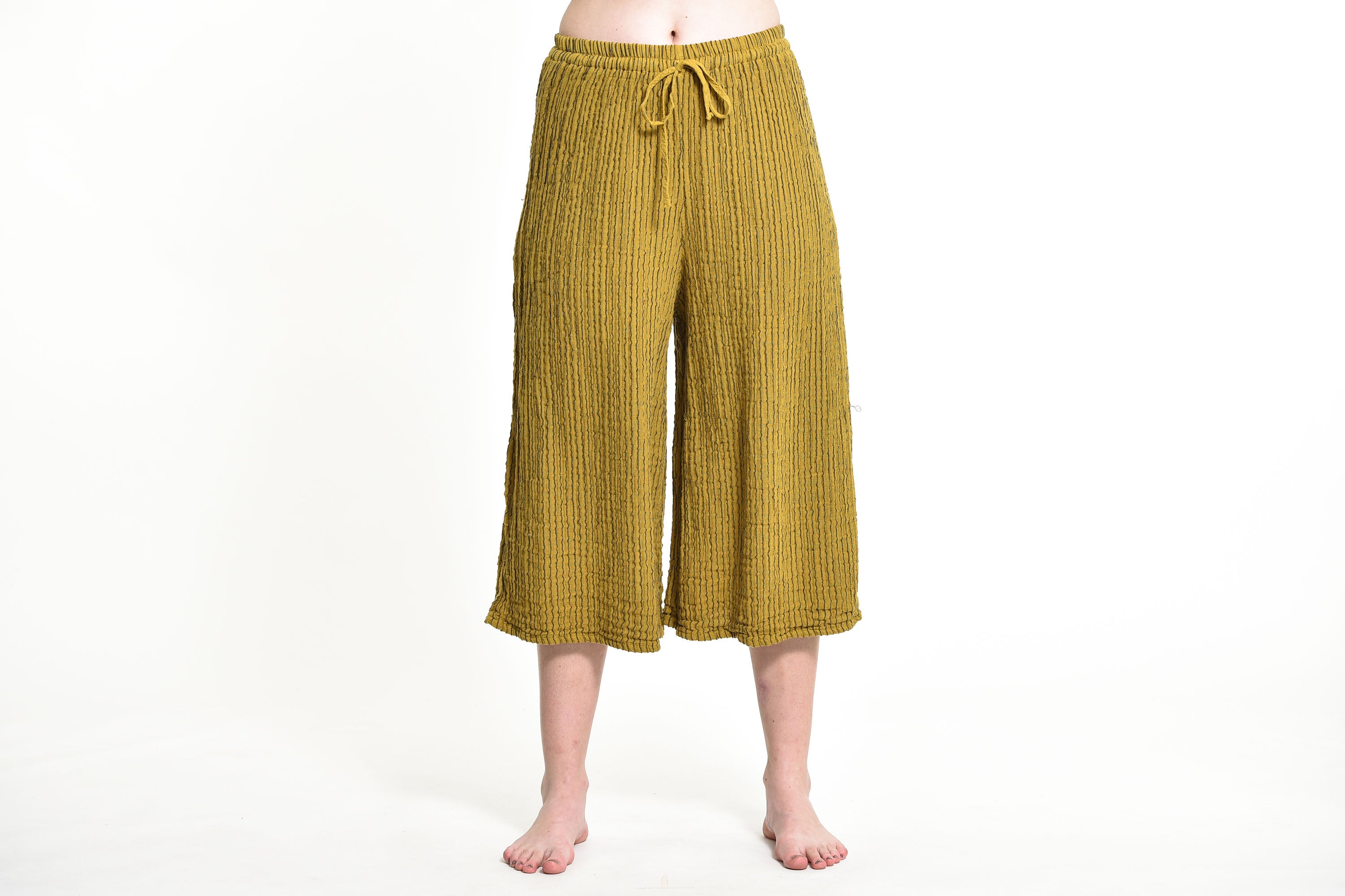 Women's Crinkled Cotton Cropped Pants in Mustard Yellow – Harem Pants