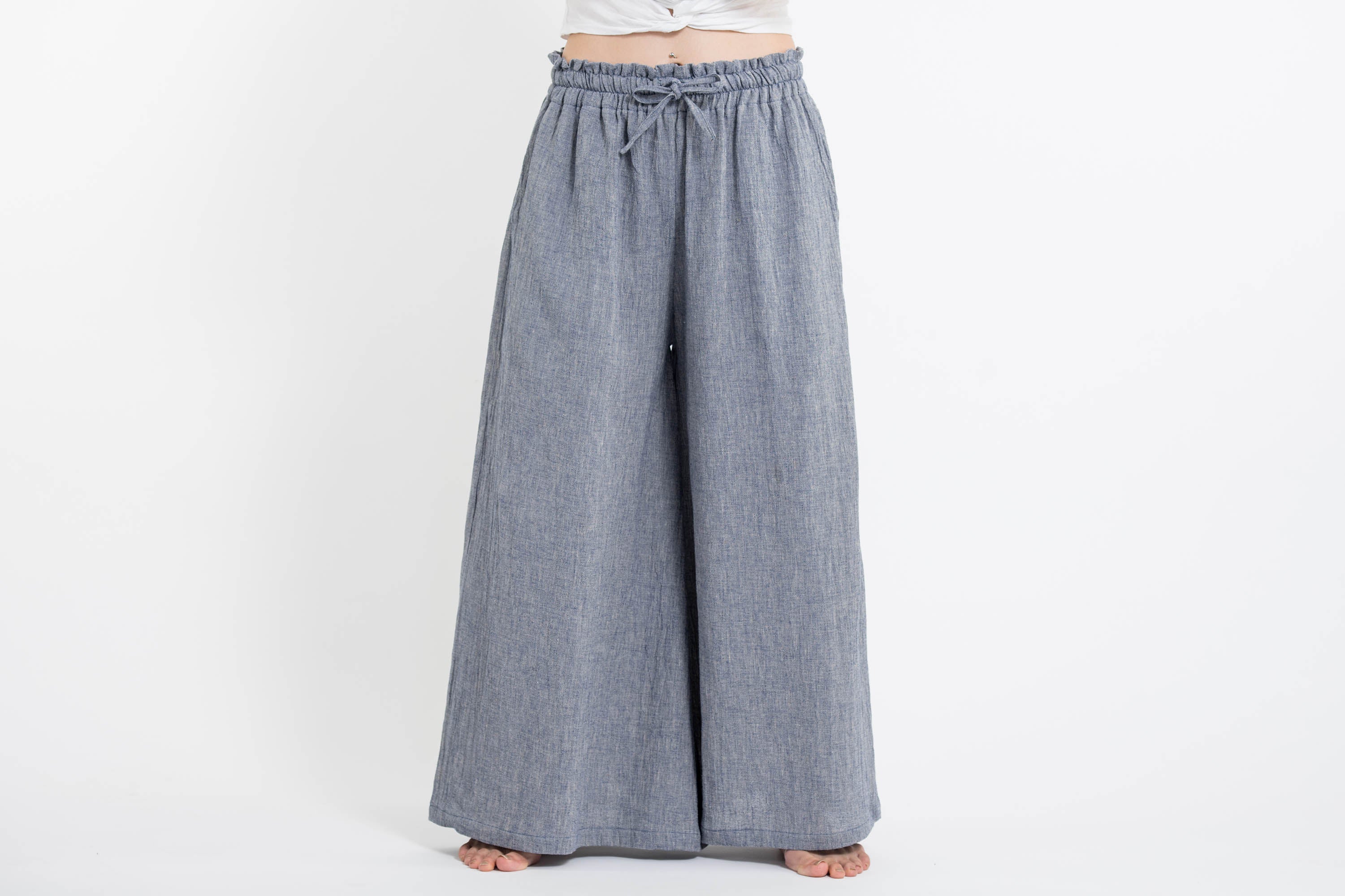 Vintage Boho Wide Leg Trousers for Women Plus Size Cotton Linen Harem Pants  with Patchwork Pockets Elastic Waist Casual Loose Beach Pants :  : Fashion