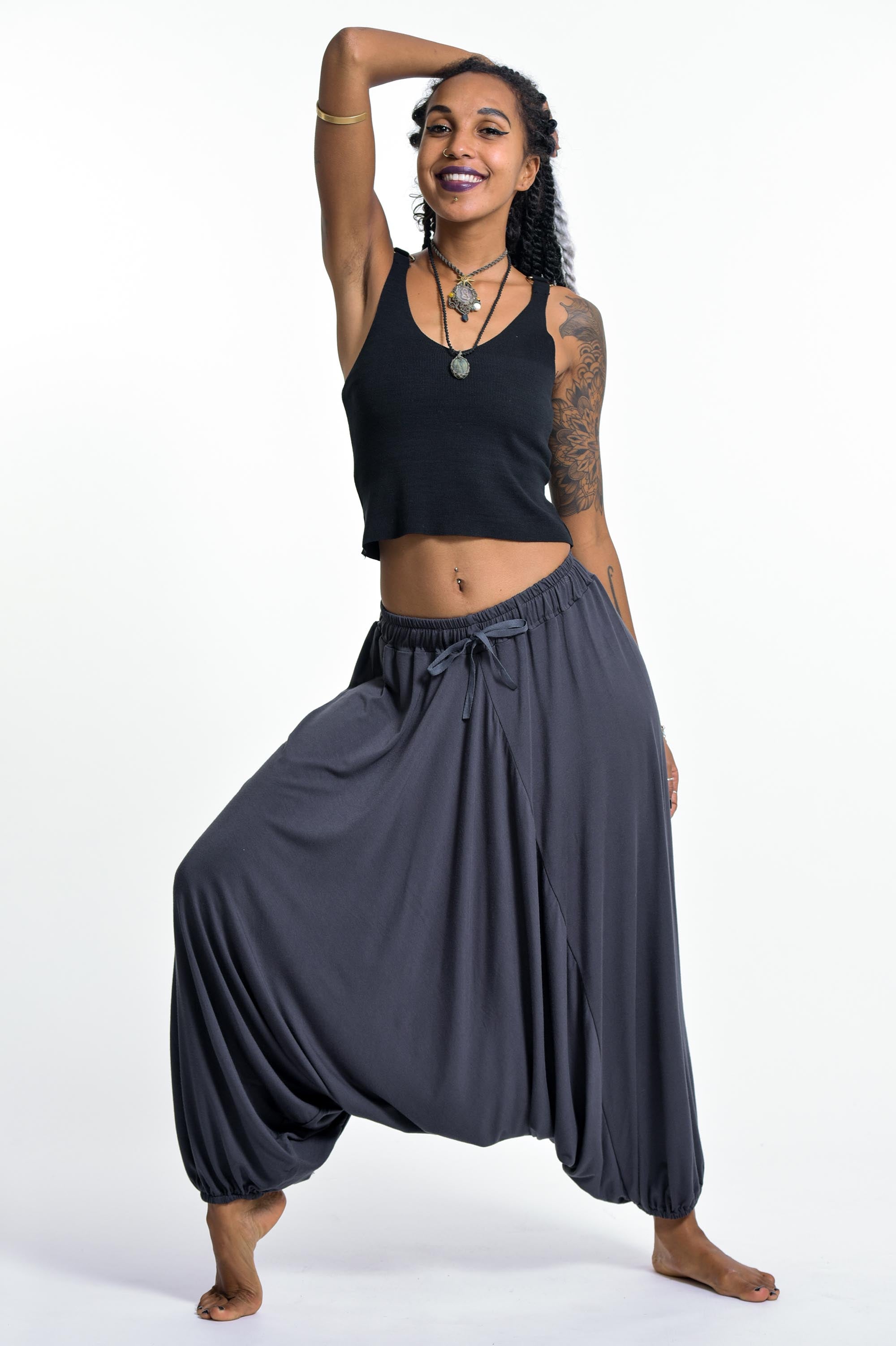 Drawstring Low Cut Harem Pants Cotton Spandex in Solid Gray