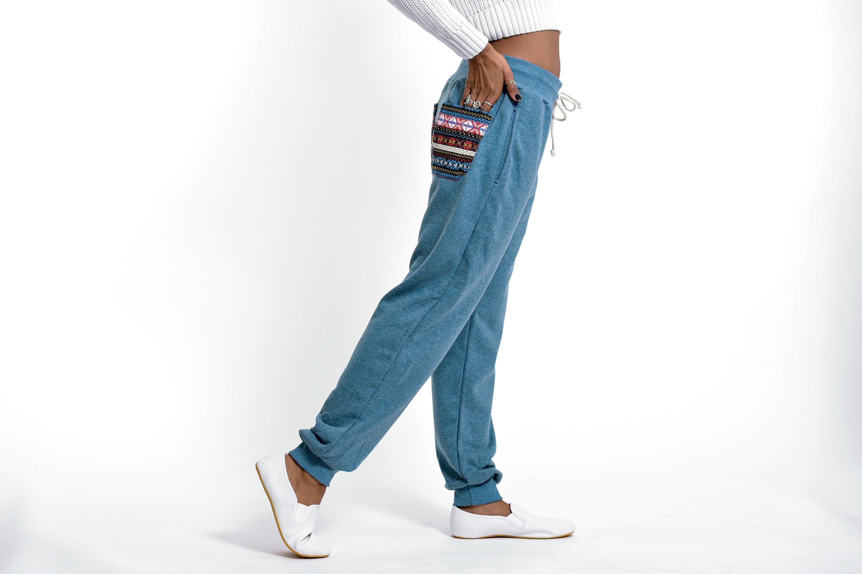 Women's Terry Pants with Aztec Pockets in Blue – Harem Pants