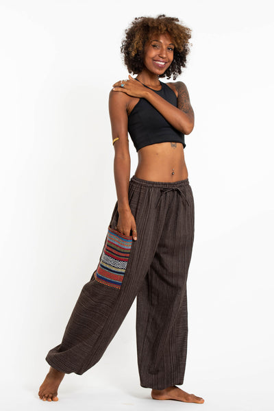 Women's Drawstring Pinstripes Cotton Pants with Aztec Pocket in Brown ...