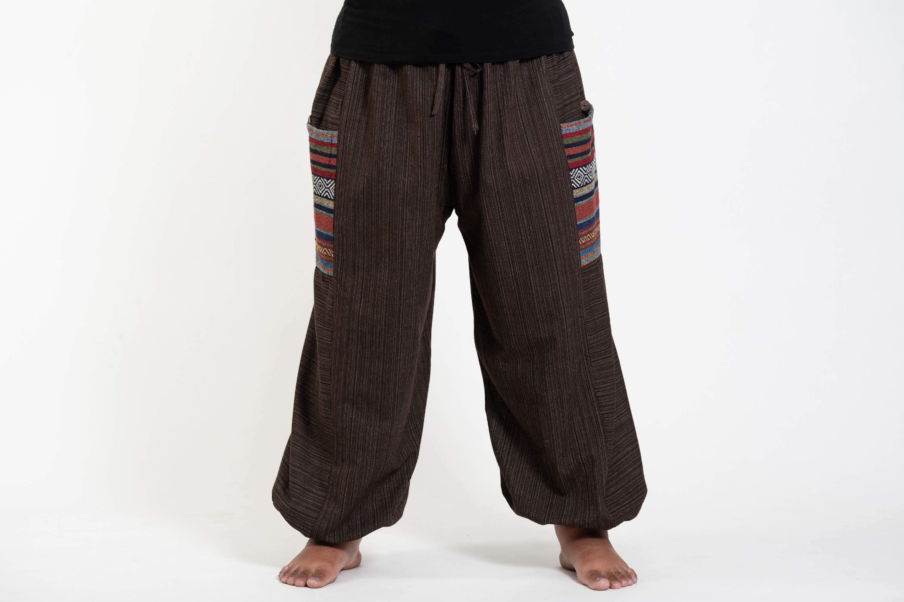 Women's Drawstring Pinstripes Cotton Pants with Aztec Pocket in