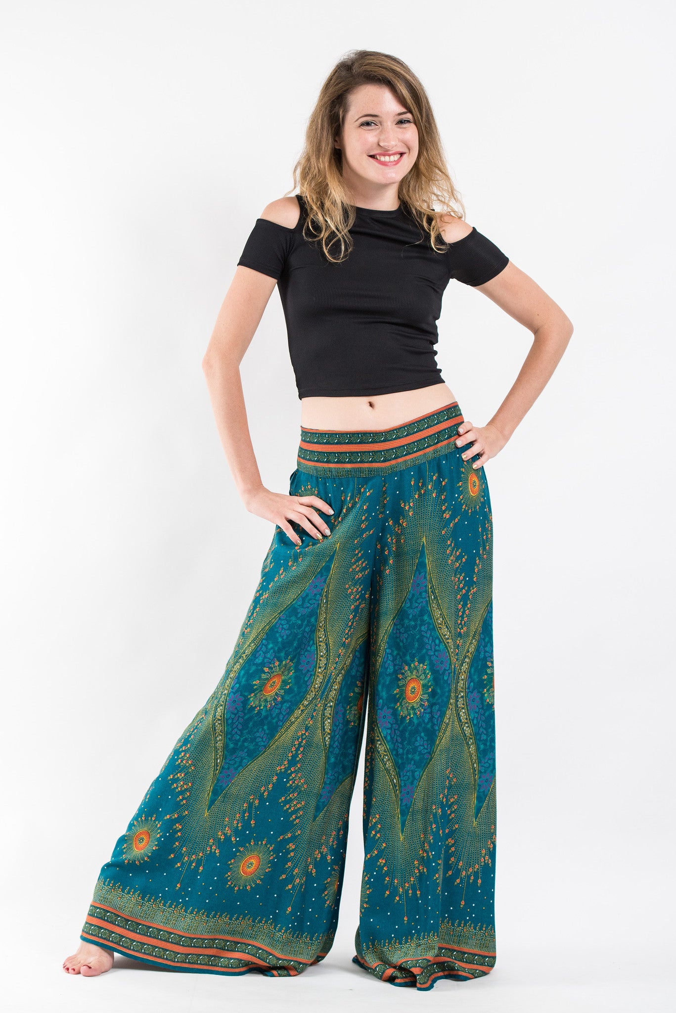 Peacock Eyes Palazzo Style Harem Pants in Turquoise