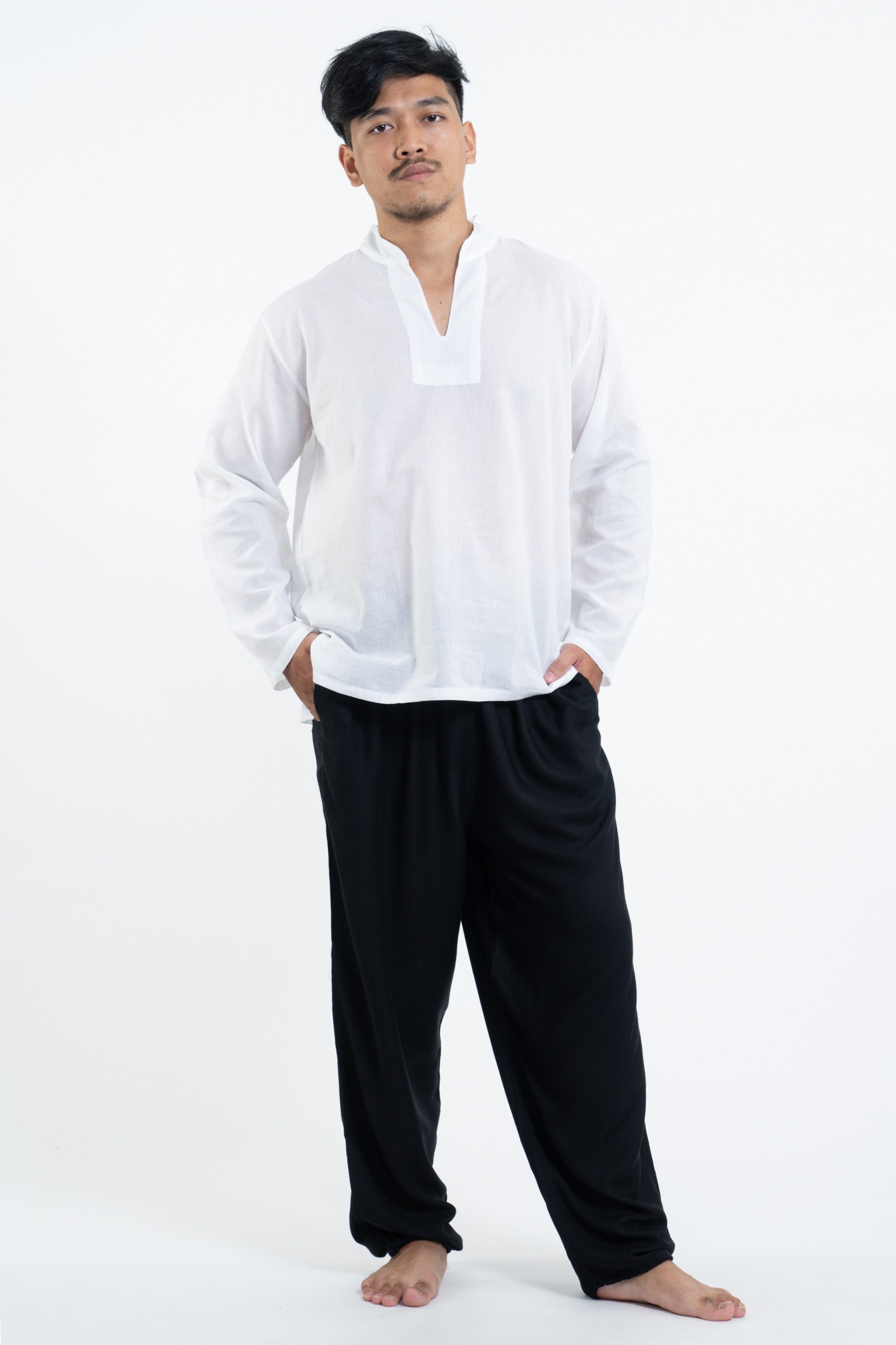 Mens Yoga Shirts Chinese Collared in White – Harem Pants