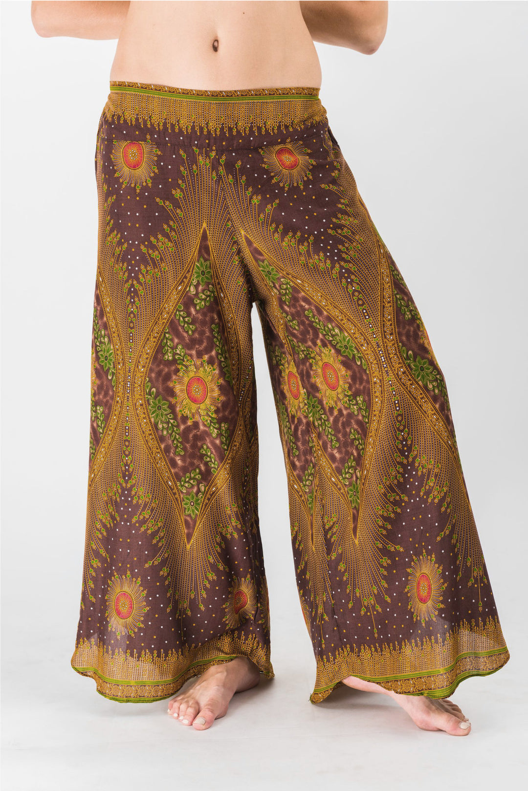 Peacock Eyes Palazzo Style Harem Pants in Brown Gold