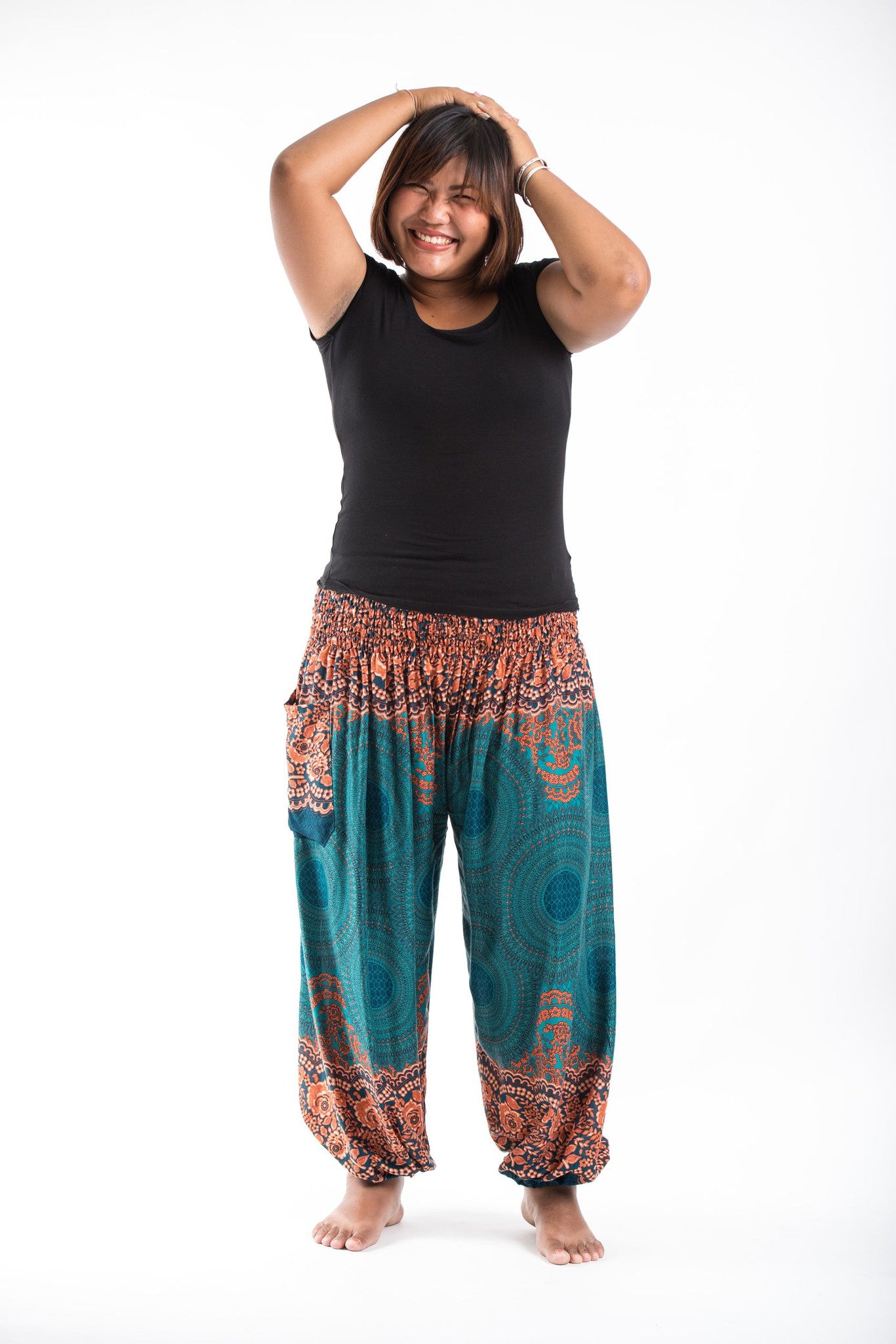 Plus Size Teal Lotus Print Harem Pants