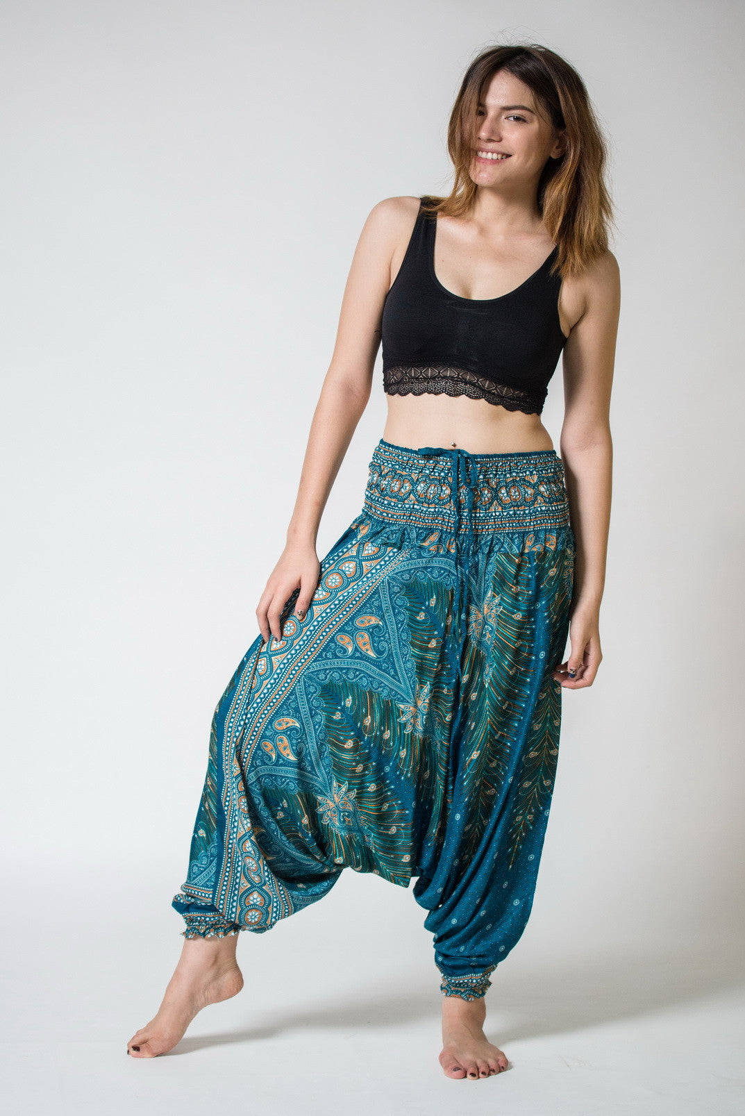 Peacock Feather Jumpsuit Harem Pants in Silver Blue