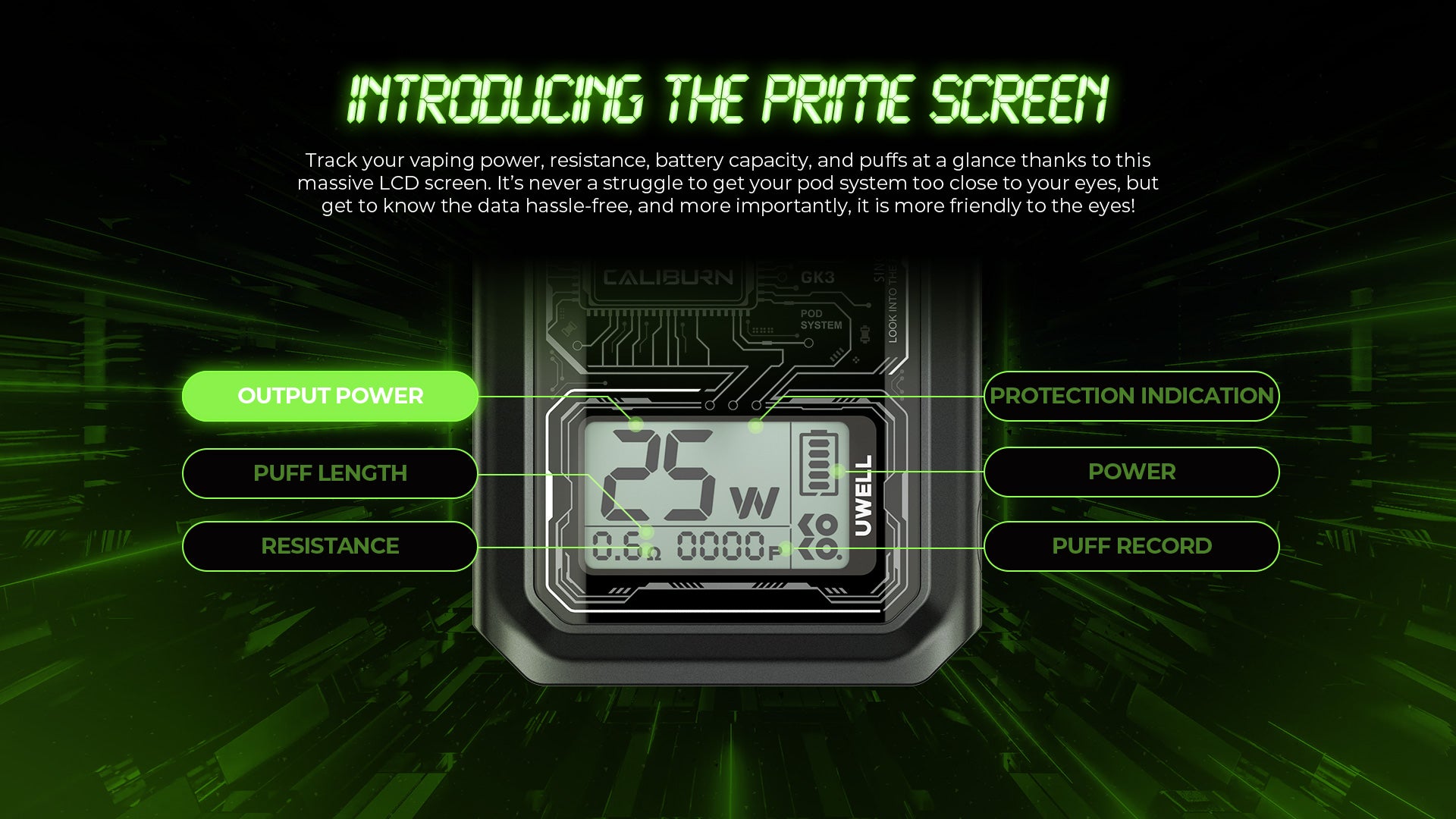 UWELL Caliburn GK3 Pod Kit Prime Screen Display