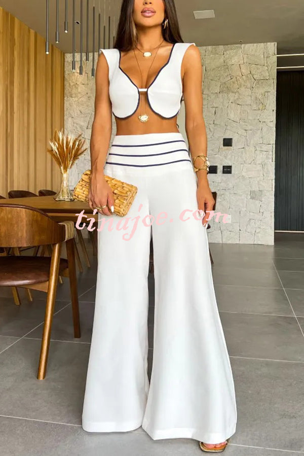 Solid Color Sexy V-neck Sleeveless Top and High-waisted Loose Pants Set - tinajoe product image